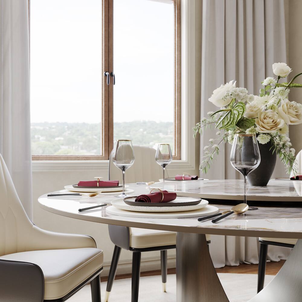 Alt View 1. POVISON - 51" Round Dining Table Pandora Glossy Sintered Stone with Gray U-shaped Steel Base - Pandora with Gray.