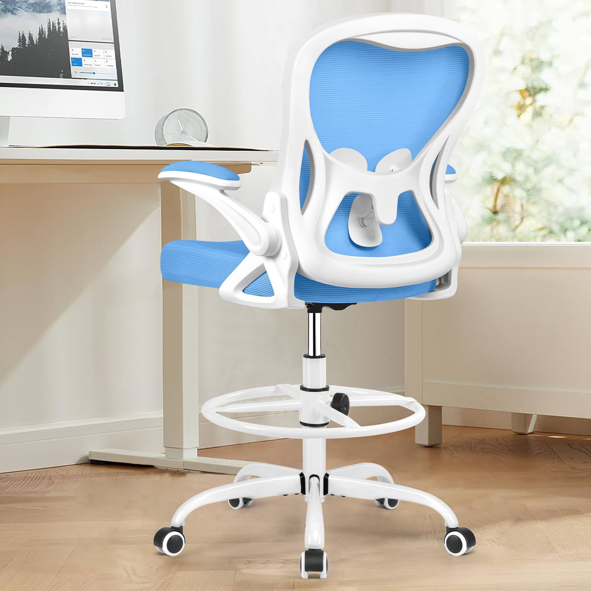 Alt View 6. Brick Attic - Drafting Chair, Tall Office Chair Ergonomic Desk Chair, Task Rolling Chair with Adjustable Flip-up Armrests Foot Ring - Sky Blue.