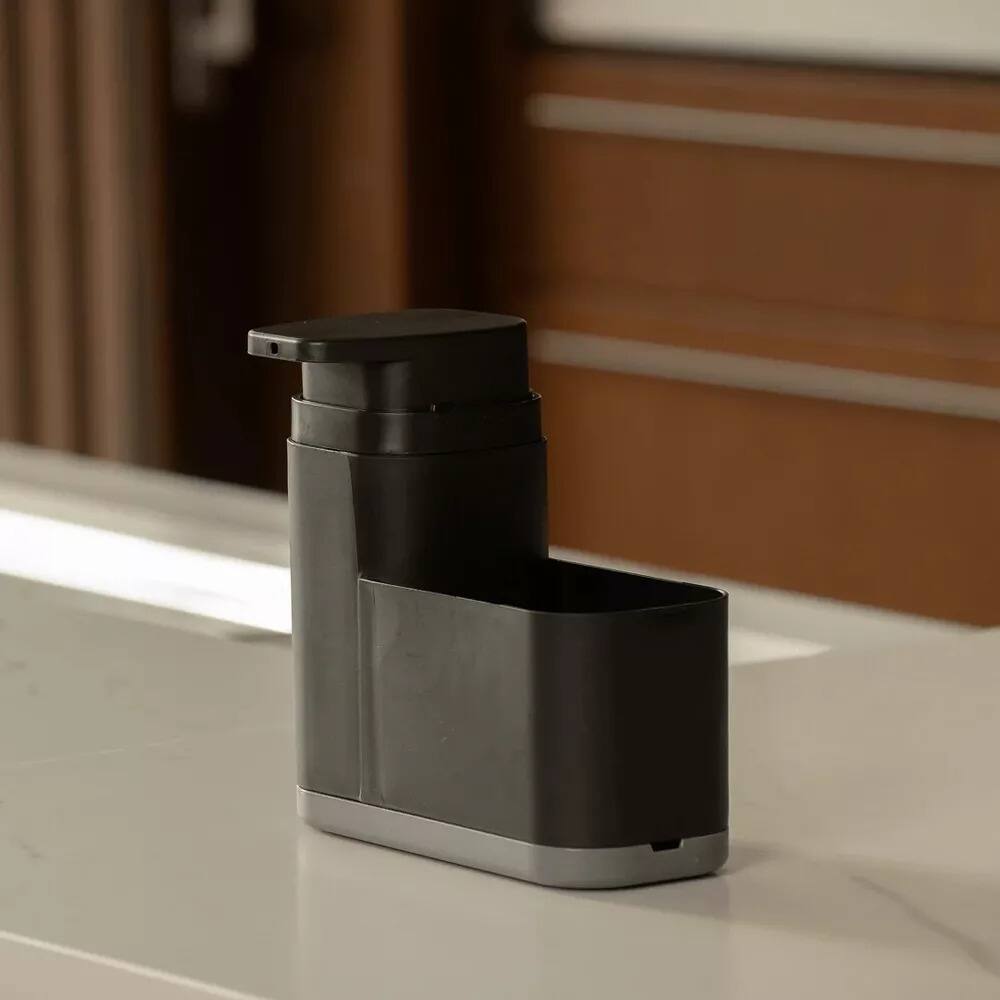 Alt View 1. OU - Sink Organizer Set, Dish Rack with Drain Spout & 19 oz Soap Dispenser with Extended Sponge Holder - Black.