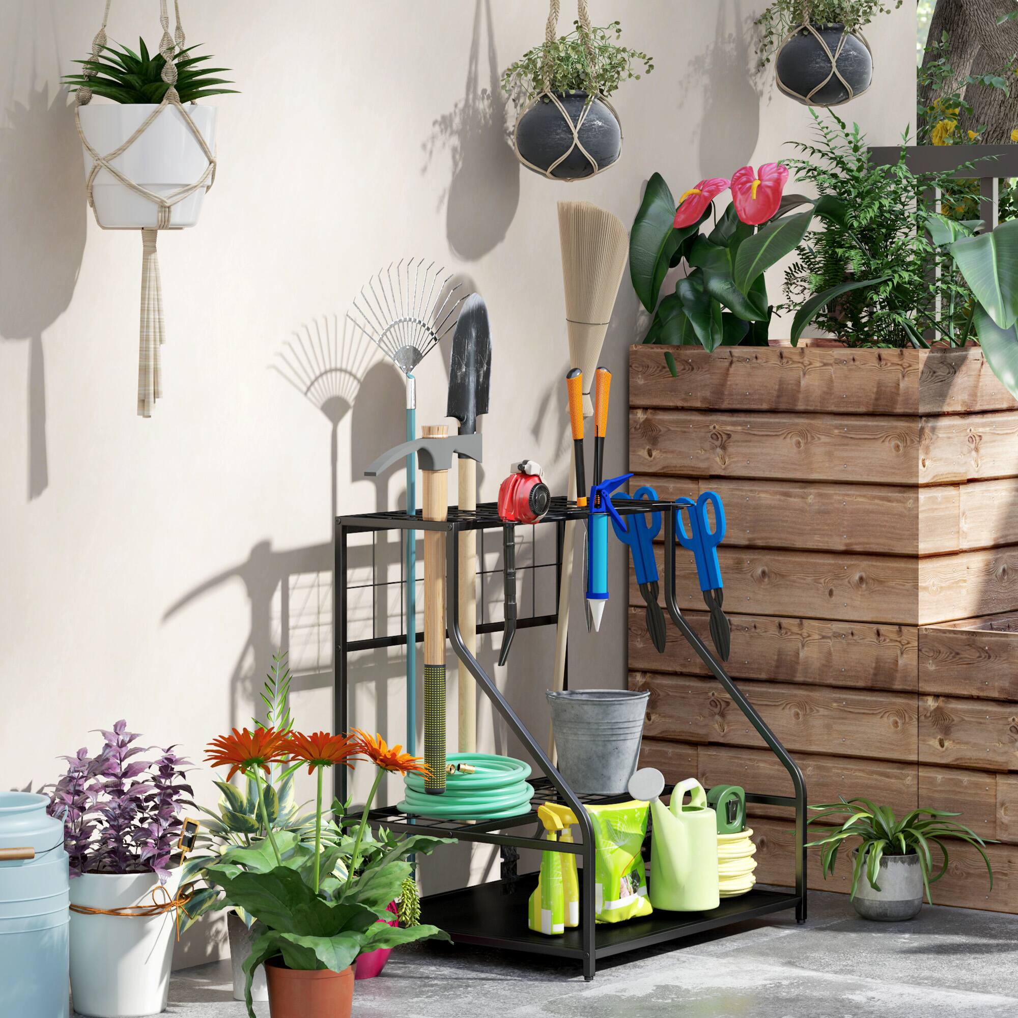 Alt View 7. Outsunny - Garden Tool Organizer for Garage, 3-Tier Yard Tool Storage Rack with Hooks for Long-Handled, Broom, Shovel, Rake - Orange.