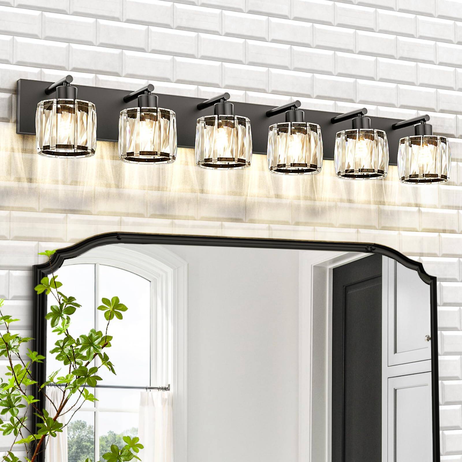 Front. Comfort Essence - Crystal Vanity Lights Light Modern Stainless Steel Bathroom Over Mirror Chrome Finish Ul Certificated - Black 6 Light.