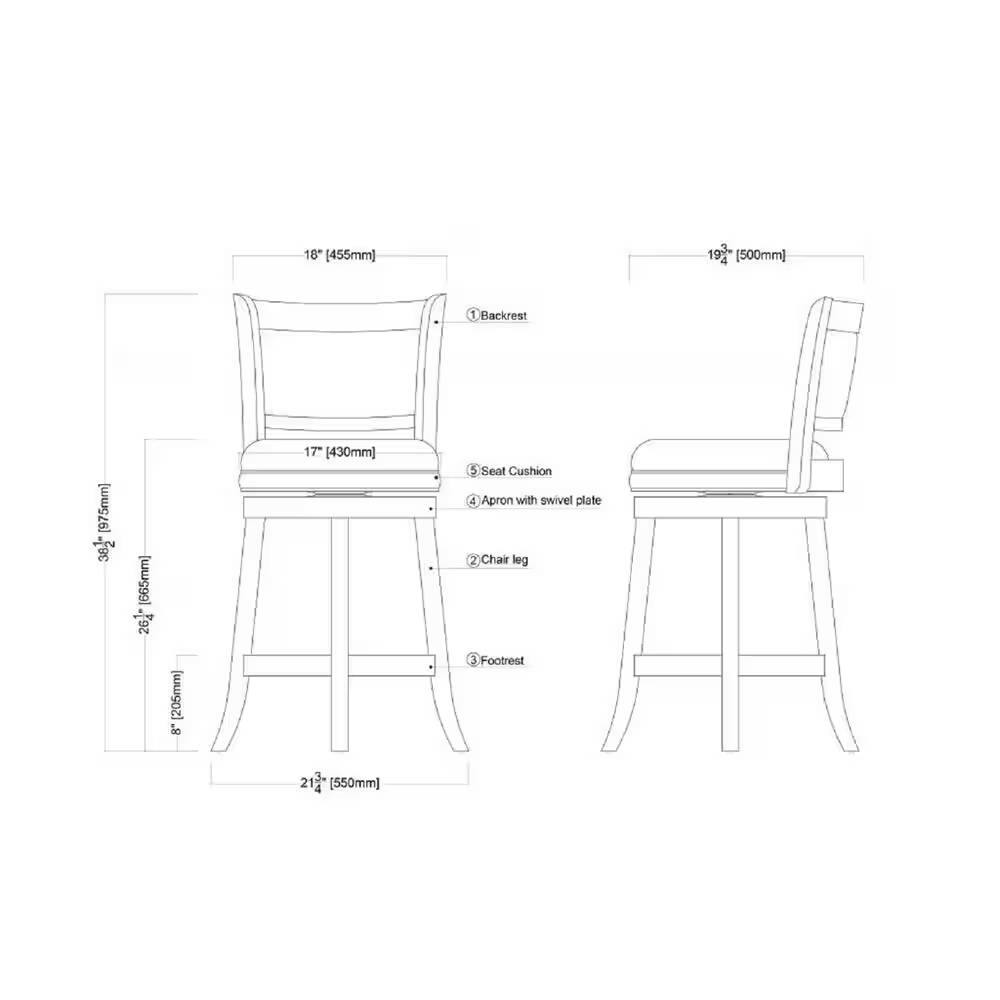 1. Backrest: 18" (455mm)
2. Arm with swivel plate: 19½" (500mm)
3. Seat Cushion: 17" (430mm)
4. Apron with swivel plate: 262 (205mm)
5. Chair leg: 212 (550mm)
6. Footrest: 213 (550mm)
7. Backrest: 975mm
8. Arm: 665mm