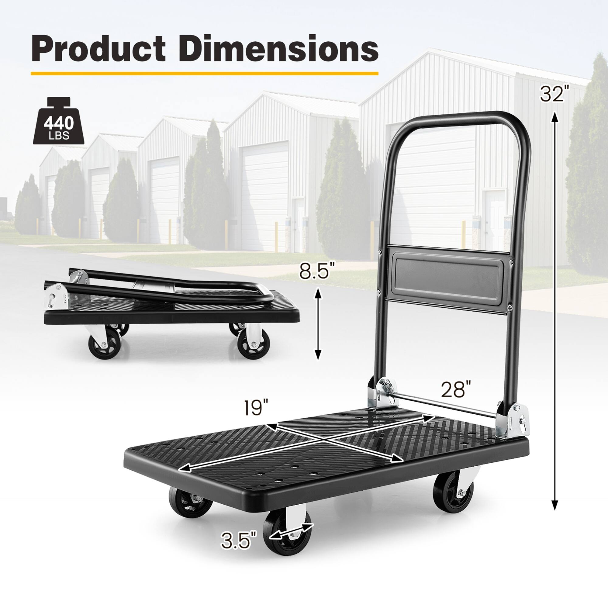 Product Dimensions: 440 LBS, 32" x 8.5" x 19" x 28" x 3.5".