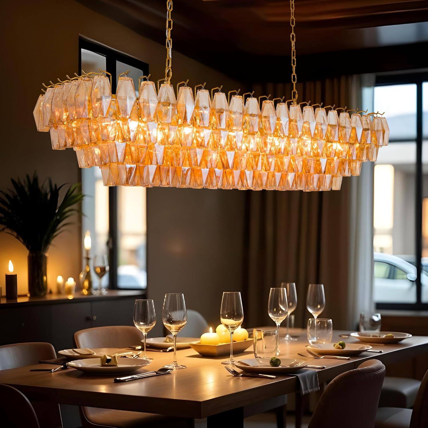 Back. Tiramisubest - 54" Modern Large Rectangle Gold Chandelier,12-Light with Smoke Glass Ceiling Lights,Farmhouse Pendant Lighting Fixture - Gold.