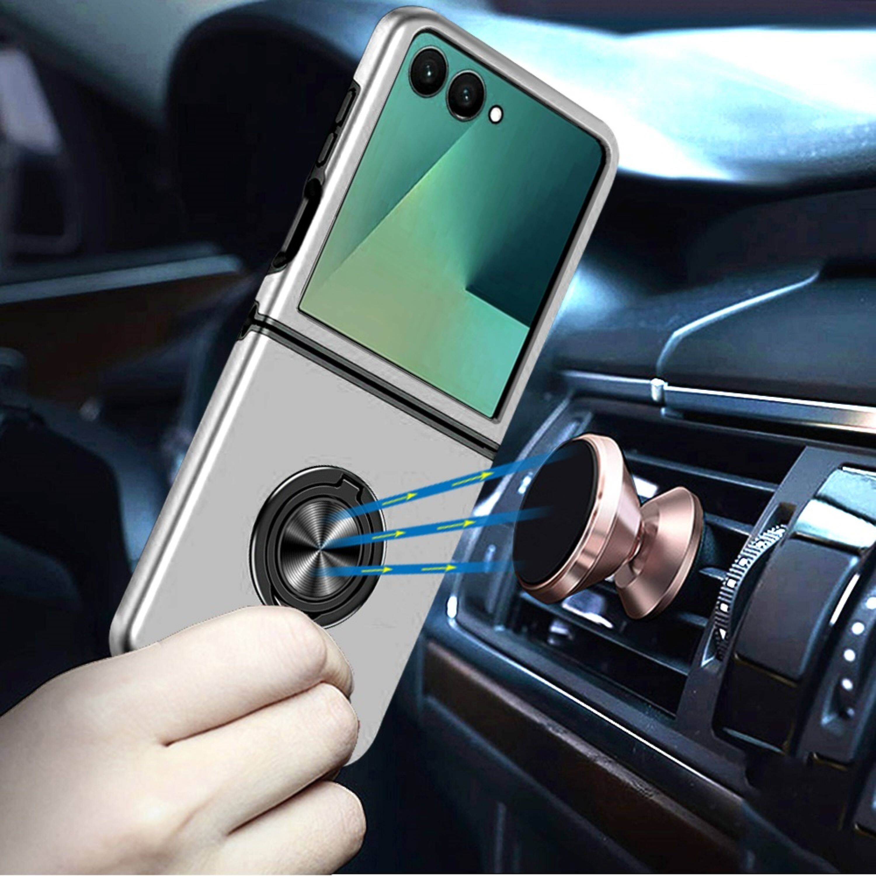 Left. Kitcheniva - Rubber Dual Layer Magnetic Ring Stand Case With Tempered Glass For Samsung Z Flip7 Silver - Silver.