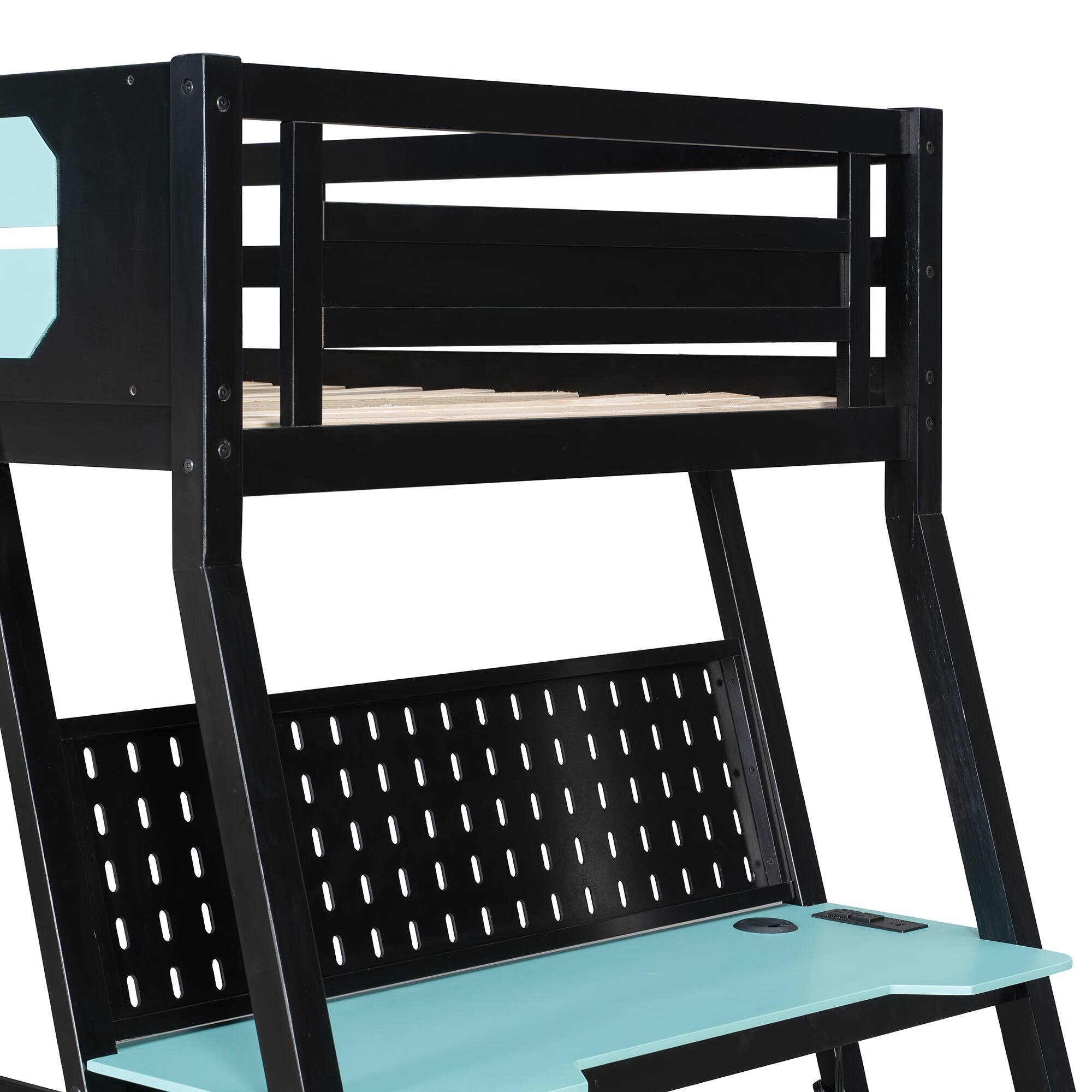 Alt View 4. Anysun - Twin Size Bunk Bed with Two Built-In Gaming Desks, USB Desktop Ports & Pegboard Organizer, Gaming Bunk Frame for Gamer - Blue.