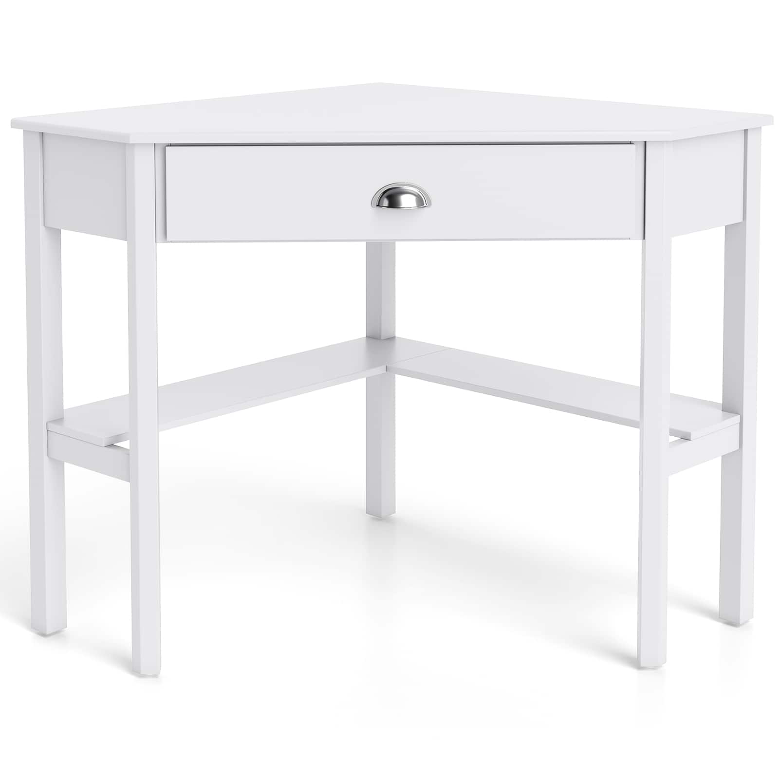 Costway - Corner Desk Space-saving Triangular Computer Desk with Storage Drawer & Shelf - Rustic White