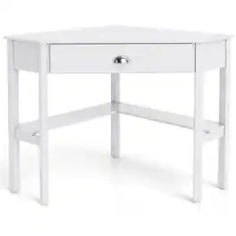 Costway - Corner Desk Space-saving Triangular Computer Desk with Storage Drawer & Shelf - Rustic White