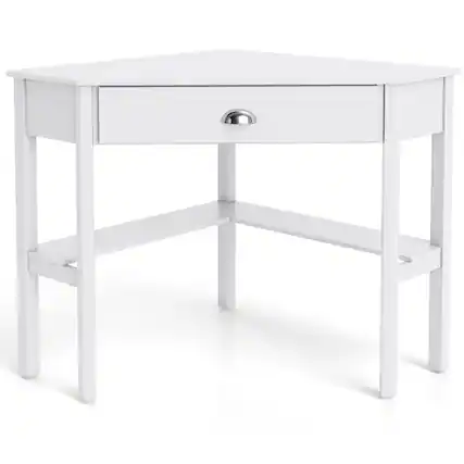 Front. Costway - Corner Desk Space-saving Triangular Computer Desk with Storage Drawer & Shelf - Rustic White.