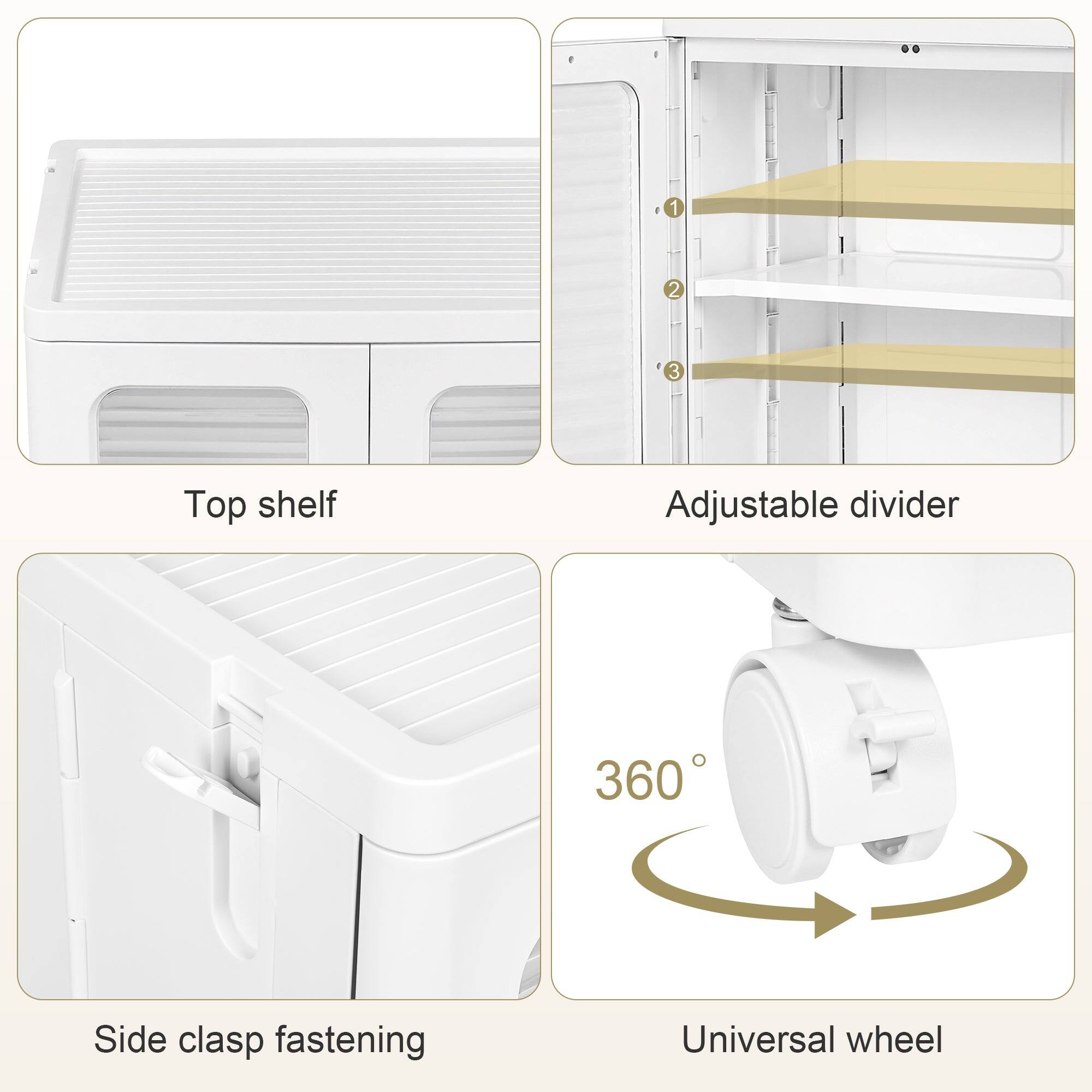 4 1 2 1 3 Top shelf Adjustable divider 360° Side clasp fastening Universal wheel