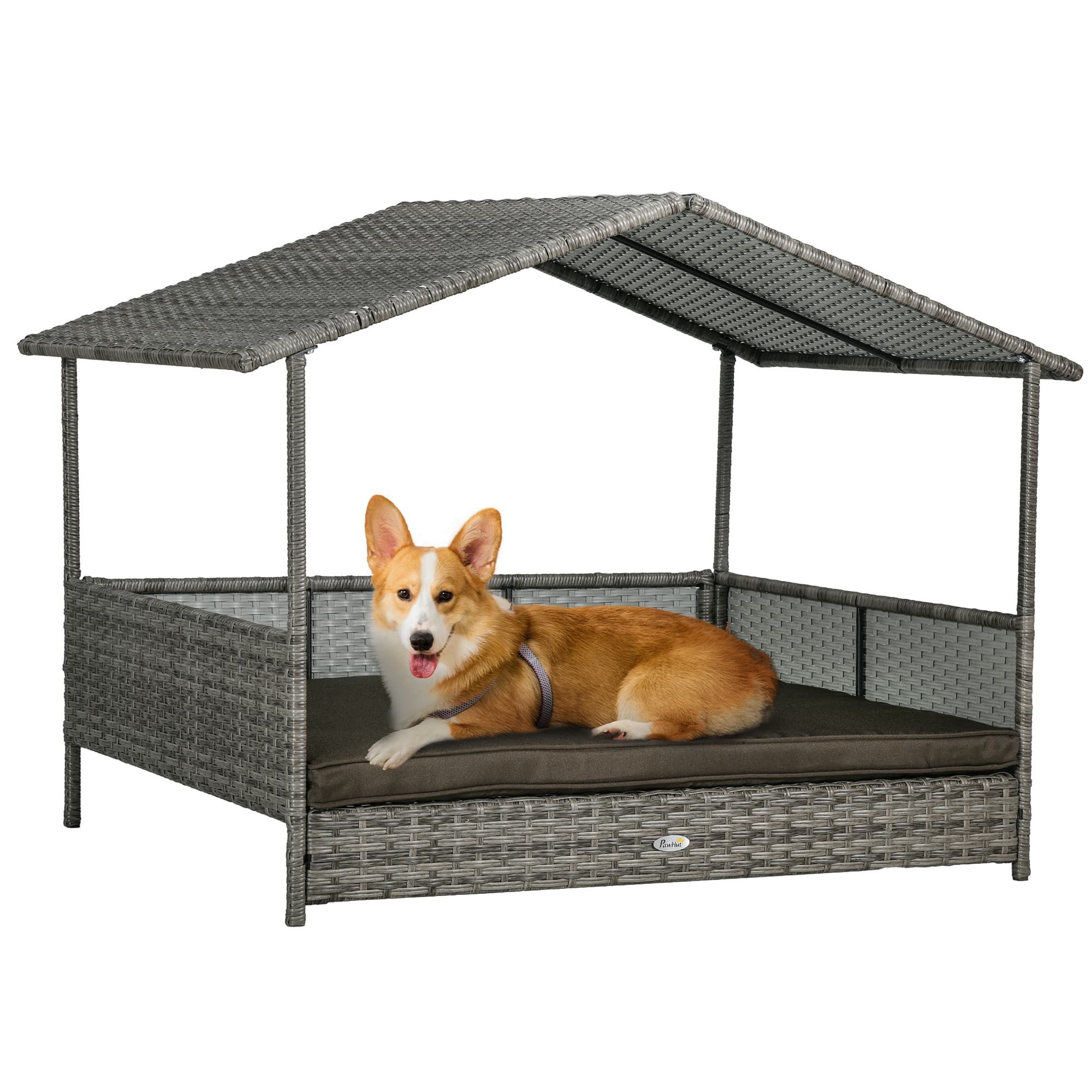 Pawhut - Dog Bed with Canopy, Rattan Dog Bed with Soft Cushion Removable Cover for Medium and Large Dogs - Charcoal Gray