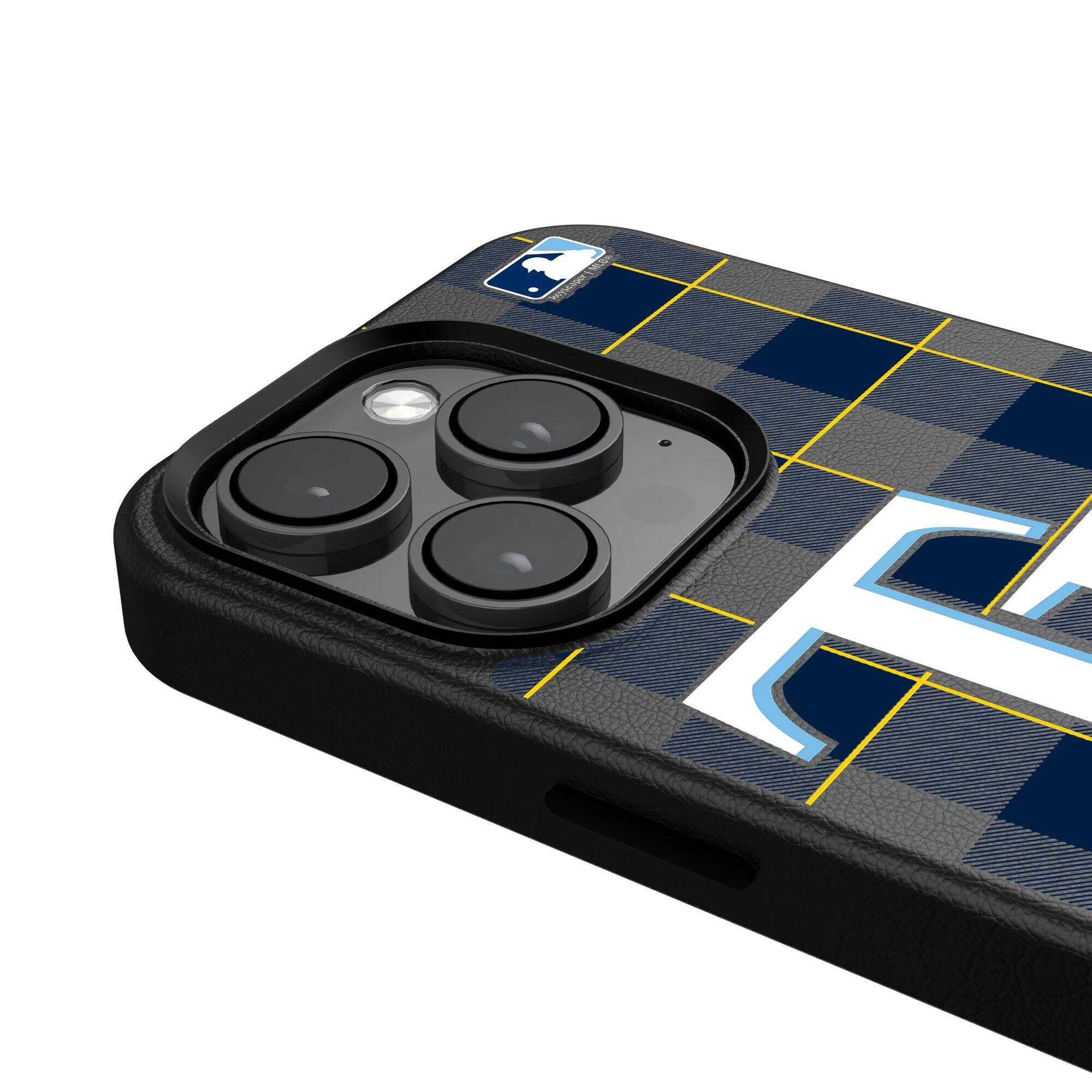 Alt View 3. Keyscaper - Tampa Bay Rays Plaid Magnetic Bump iPhone Case - 14 Pro - Black.