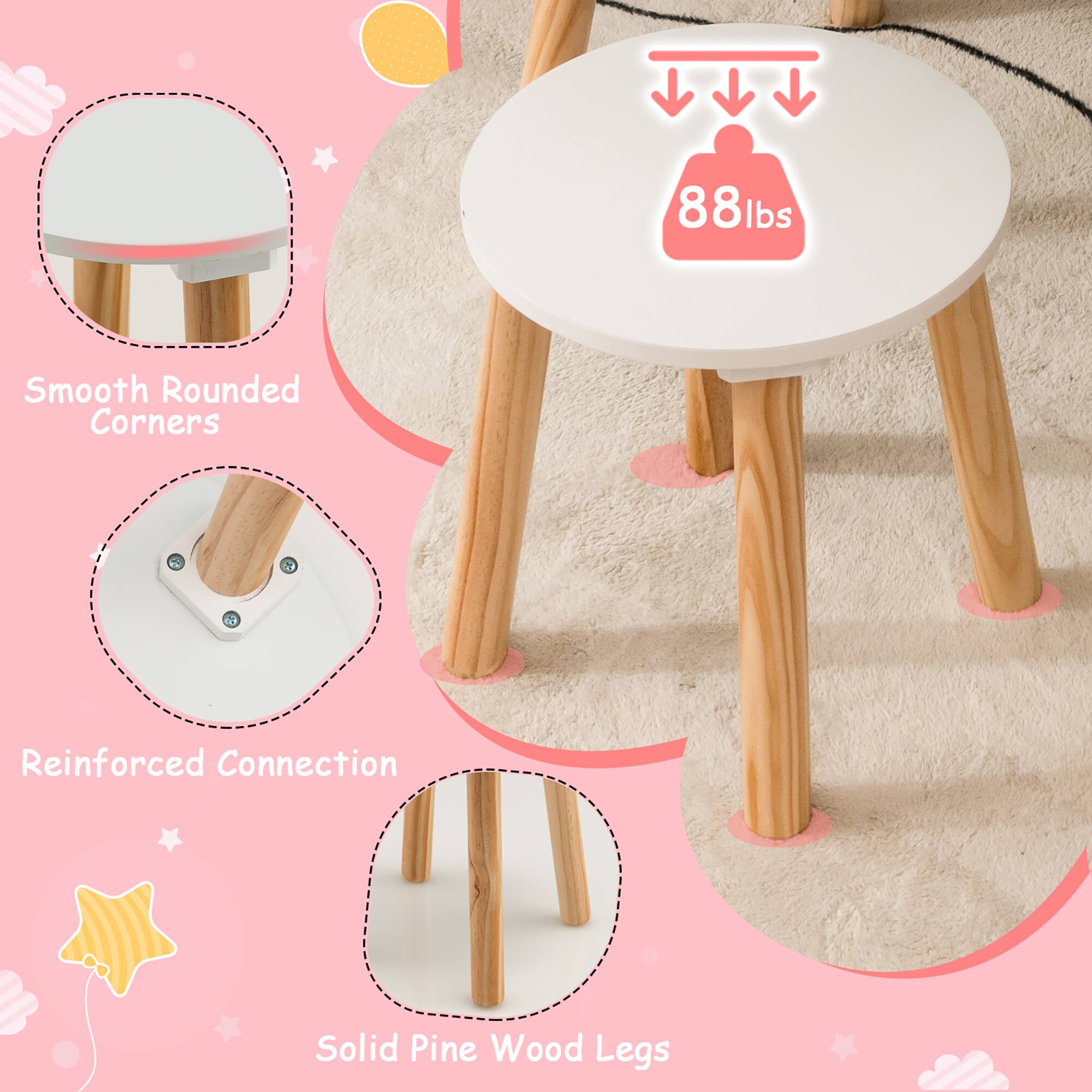 88 lbs, Smooth Rounded Corners, Reinforced Connection, Solid Pine Wood Legs