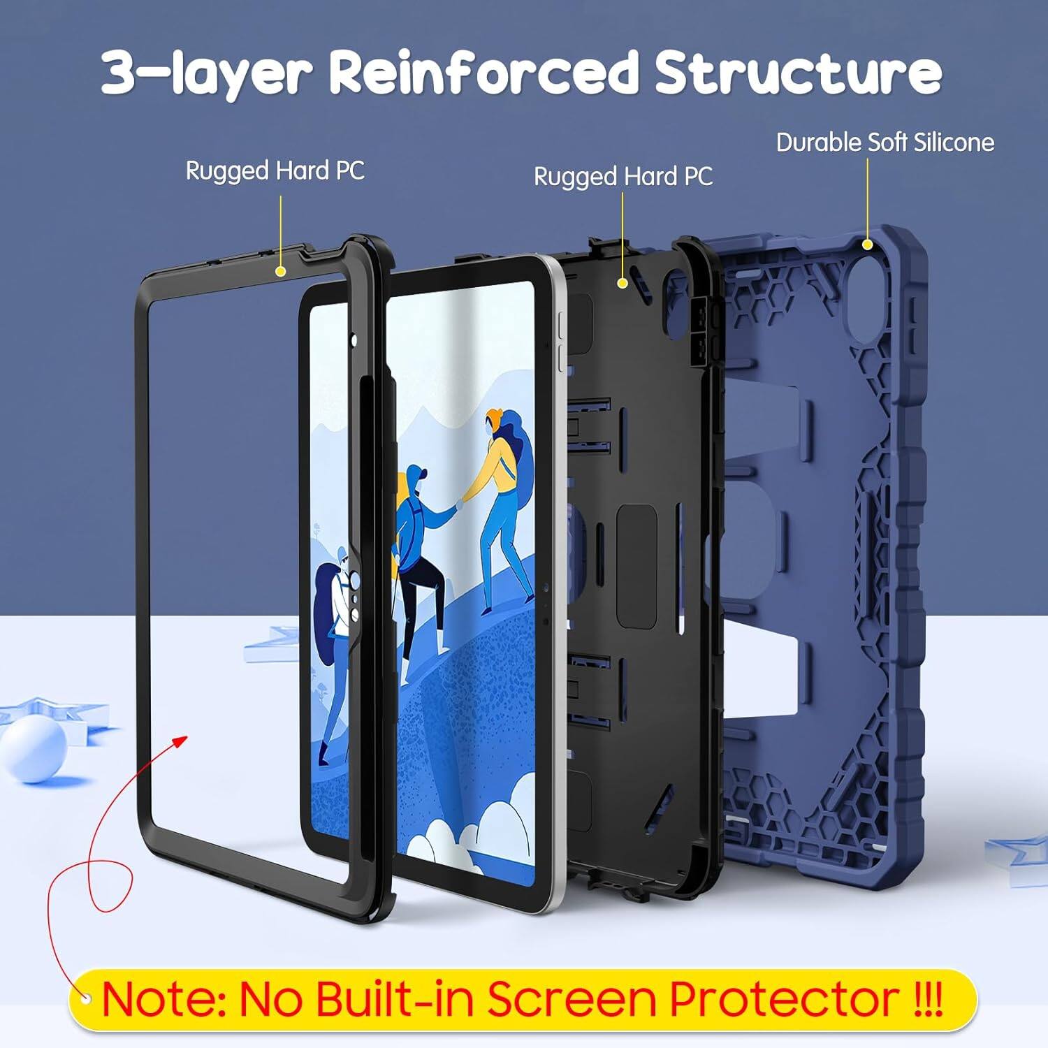 3-layer Reinforced Structure  
Durable Soft Silicone  
Rugged Hard PC  
Rugged Hard PC  

Note: No Built-in Screen Protector !!!