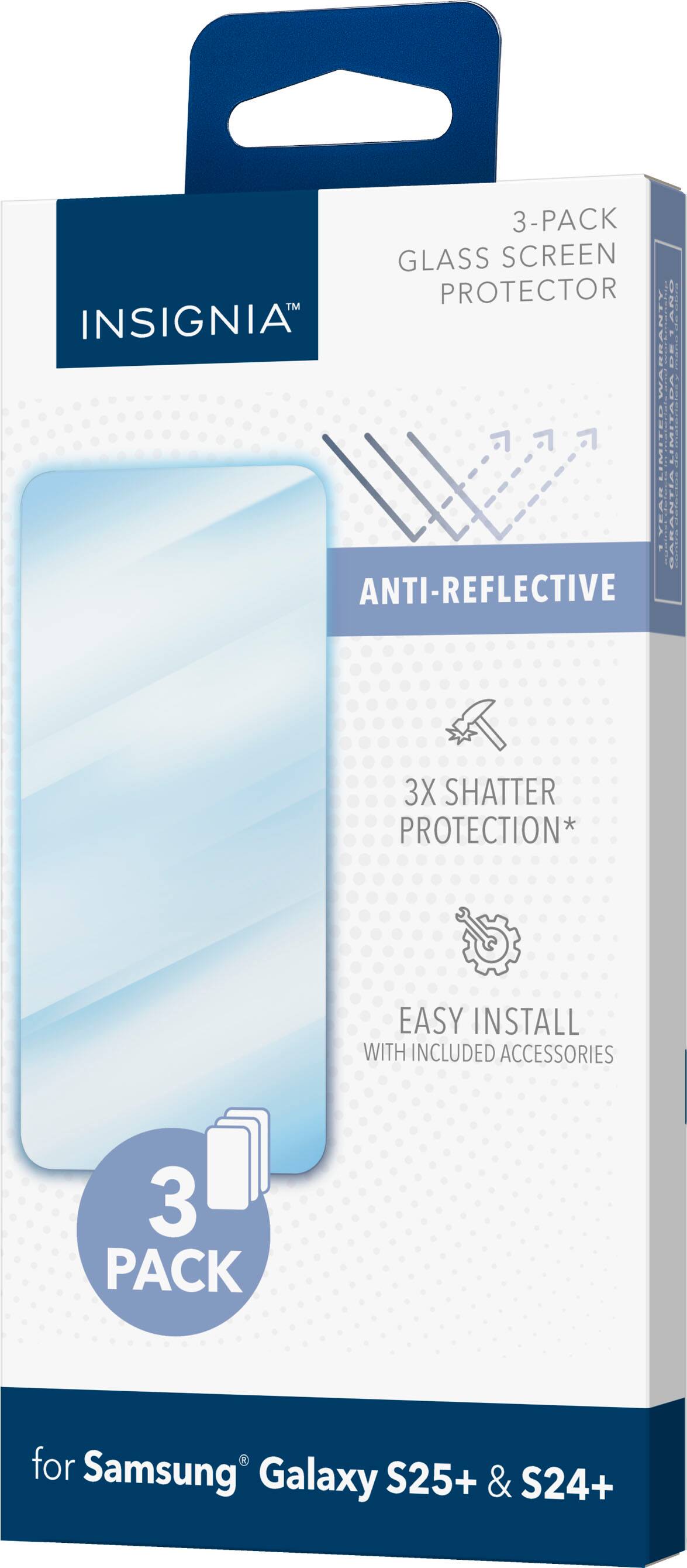 The text on the image reads: "3-PACK GLASS SCREEN PROTECTOR | ANTI-REFLECTIVE 3X SHATTER PROTECTION* EASY INSTALL WITH INCLUDED ACCESSORIES 3 PACK for Samsung Galaxy S25+ & S24+".