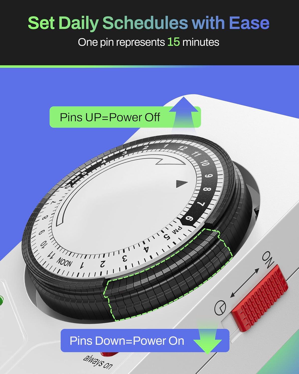 Set Daily Schedules with Ease  
One pin represents 15 minutes  

Pins UP=Power Off  
Pins Down=Power On  

always on
