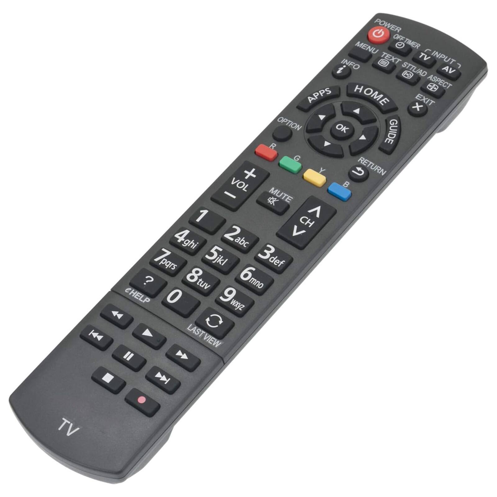 Sure, here is the corrected and grouped text from the image:

- POWER
- TIMER
- MENU
- TEXT
- TV
- INPUT
- INFO
- STB/AD
- AV
- ASPECT
- APPS
- HOME
- EXIT
- OPTION
- OK
- GUIDE
- RETURN
- VOL
- MUTE
- CH
- 1 abc
- 2 def
- 3 ghi
- 4 jkl
- 5 mno
- 6 pqrs
- 7 tuv
- 8 wxyz
- 9
- 0
- HELP
- LAST VIEW
- TV