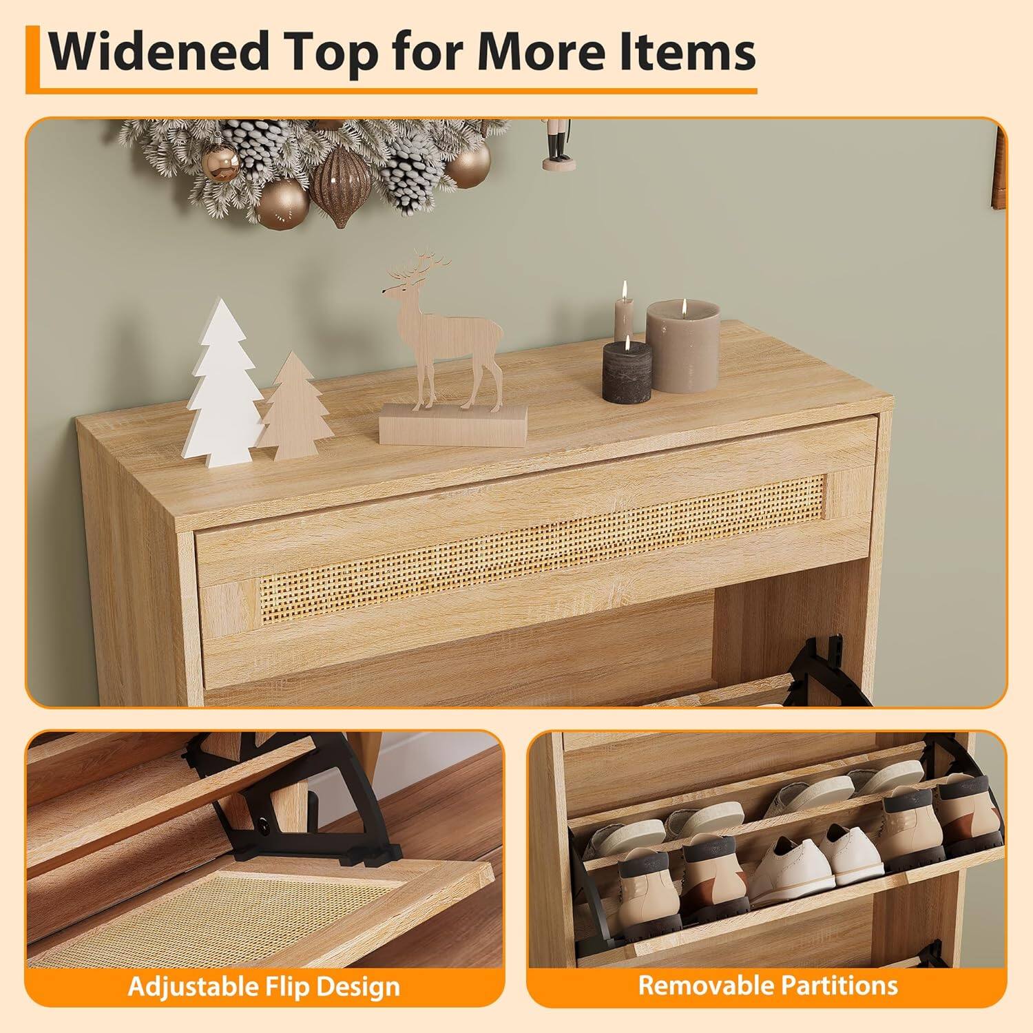 - Widened Top for More Items
- Adjustable Flip Design
- Removable Partitions