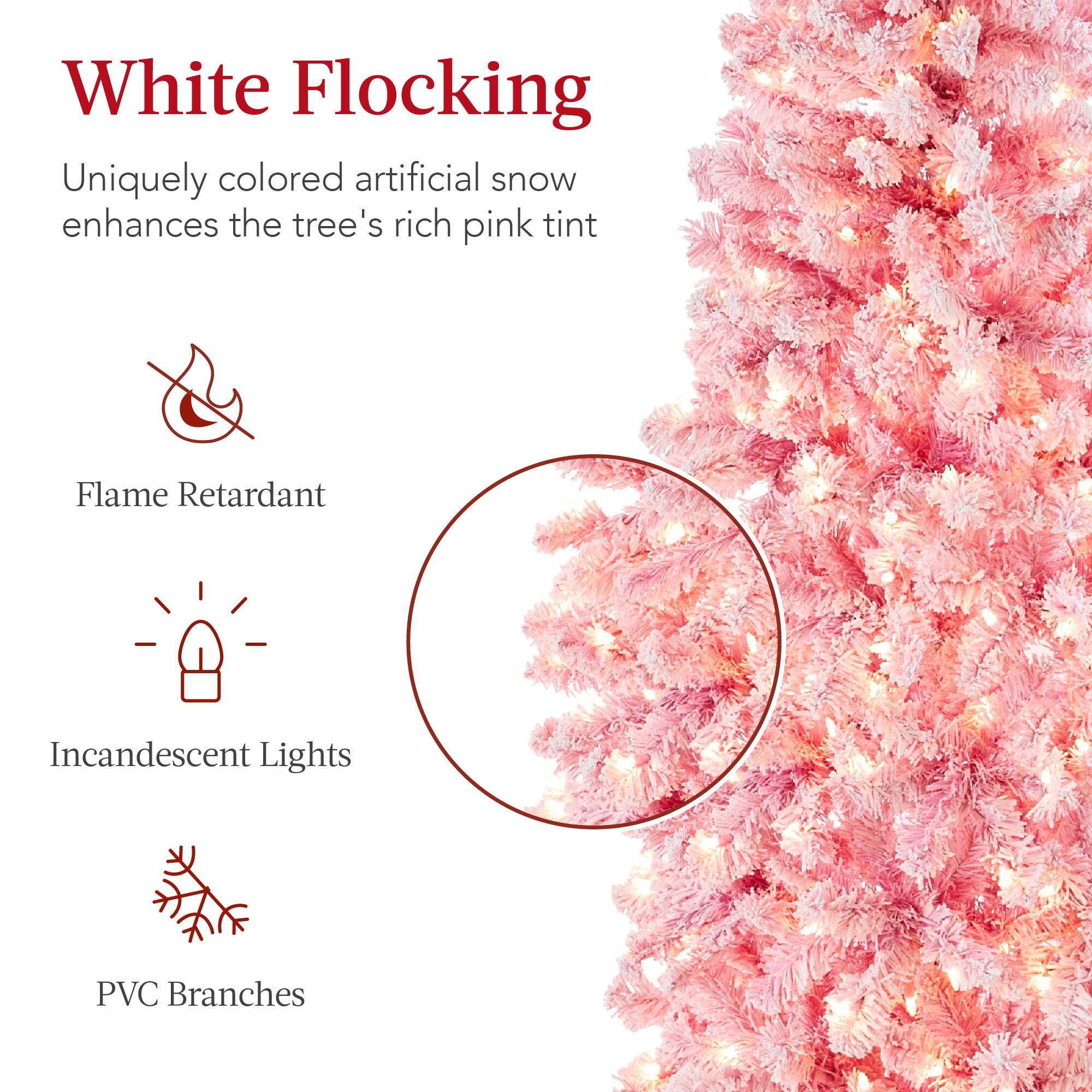 White Flocking: Uniquely colored artificial snow enhances the tree's rich pink tint.

Flame Retardant

Incandescent Lights

PVC Branches