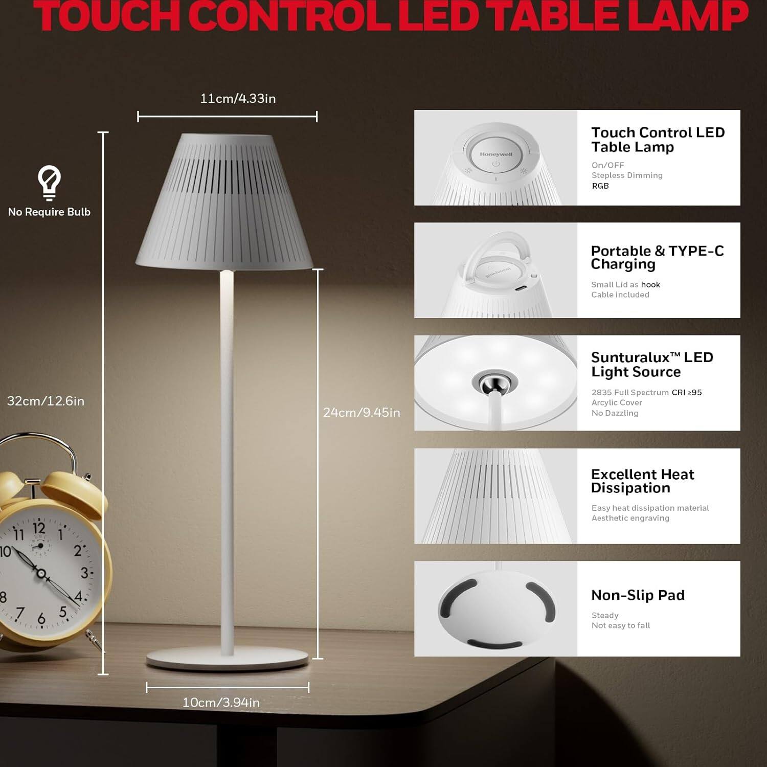 TOUCH CONTROL LED TABLE LAMP

- 11cm/4.33in
- No Require Bulb
- Portable & TYPE-C Charging
- 32cm/12.6in
- 24cm/9.45in
- 10cm/3.94in

Features:
- Touch Control LED Table Lamp
- On/Off Stepless Dimming
- RGB
- Sunturalux™ LED Light Source
- 2835 Full Spectrum CRI: 95
- Acrylic Cover
- No Dazzling
- Excellent Heat Dissipation
- Non-Slip Pad

Additional Details:
- Small Lid as hook
- Cable included
- Easy heat dissipation material
- Aesthetic engraving
- Steady
- Not easy to fall