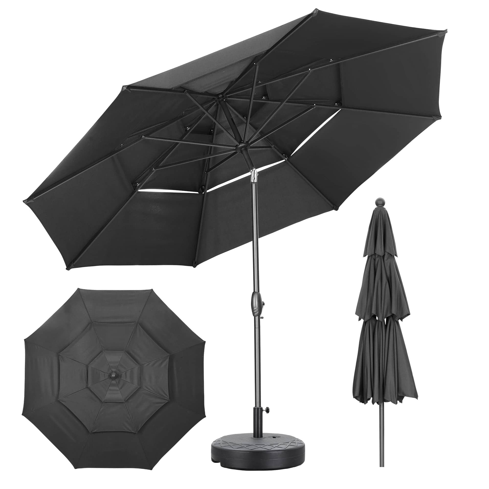 Ainfox - 10 FT Outdoor Patio Umbrella with Base 3 Tiers Adjustable Umbrella with Crank & Tilt for Patio Backyard Poolside - Black