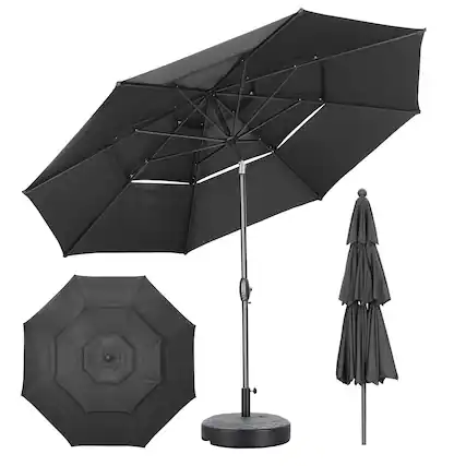 Front. Ainfox - Ainfox 10 FT Outdoor Patio Umbrella with Base 3 Tiers Adjustable Umbrella with Crank & Tilt for Patio Backyard Poolside - Black.