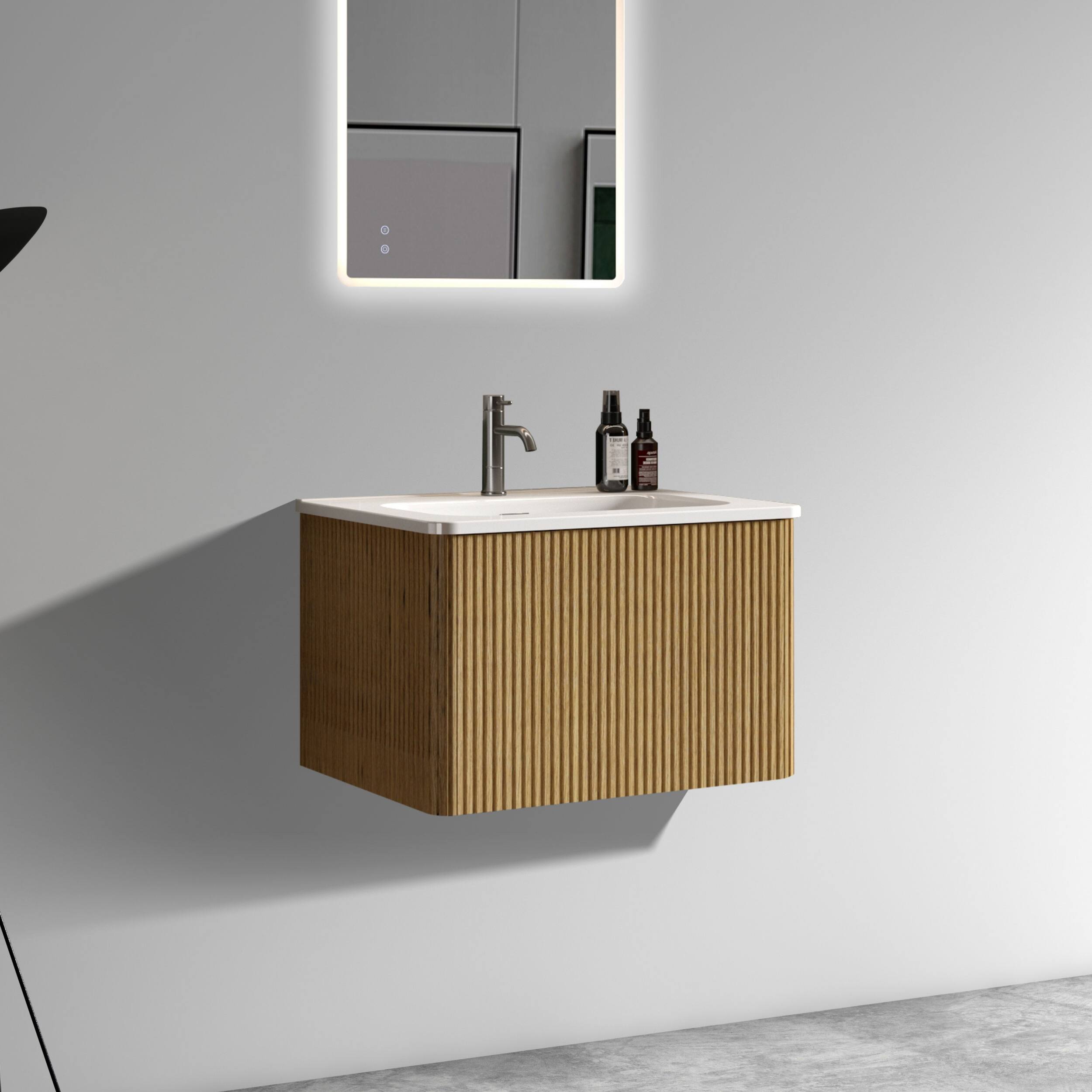 Left. ELEMENT ACE - 24-Inch Floating Bathroom Vanity with Ceramic Sink, Modern Wall-Mounted Storage Cabinet for Contemporary Bathrooms - White+Oak.