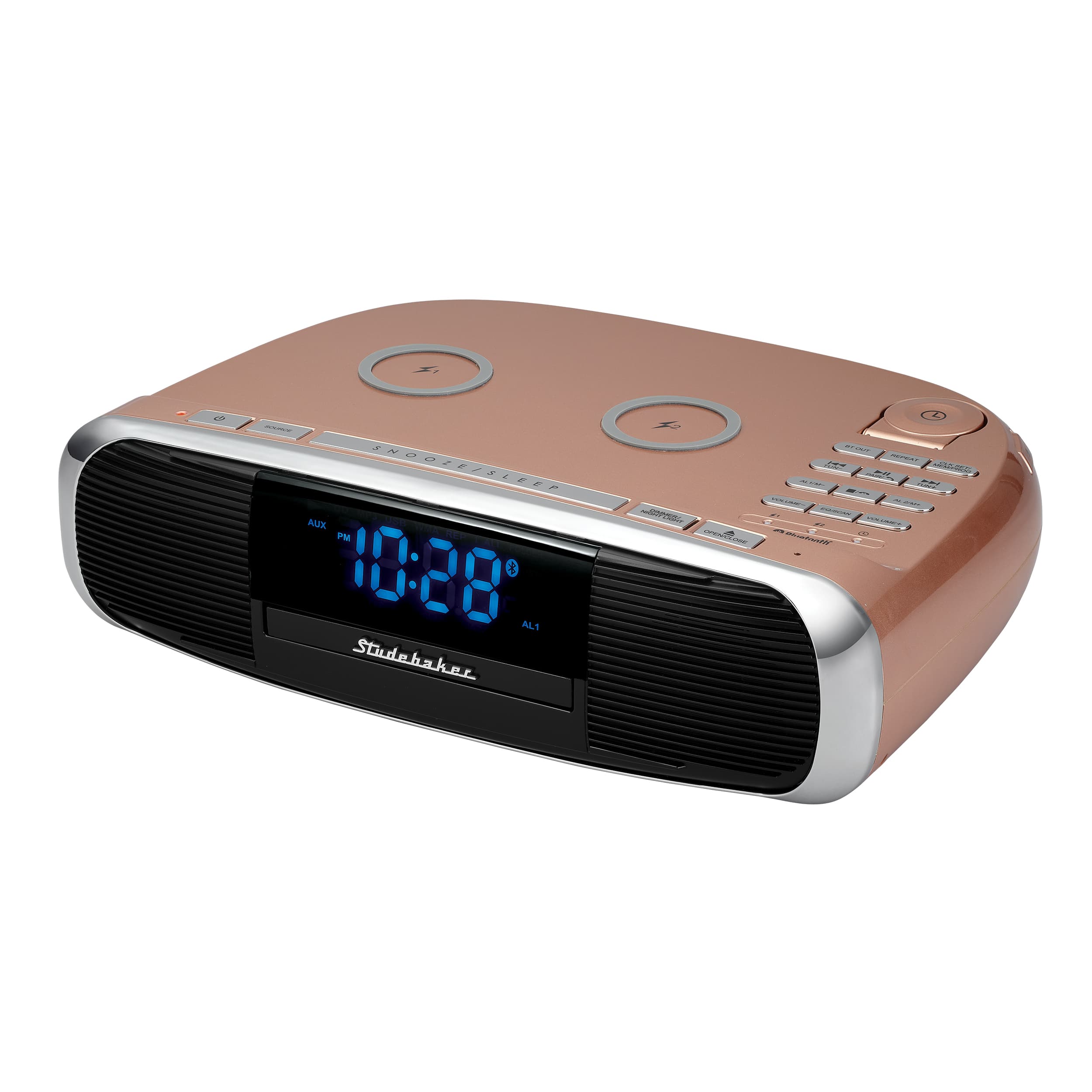 Angle. Studebaker - Workstation Hi-Fi CD Clock Radio and Wireless Charging Station - Rose Gold.
