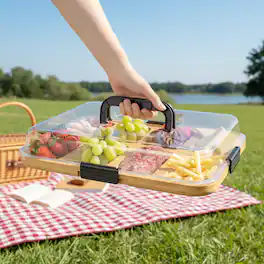 Tooloton - Bamboo Charcuterie Board with Lid, 8 Compartments Portable Cheese Cutting Boards, Black Handles - Natural