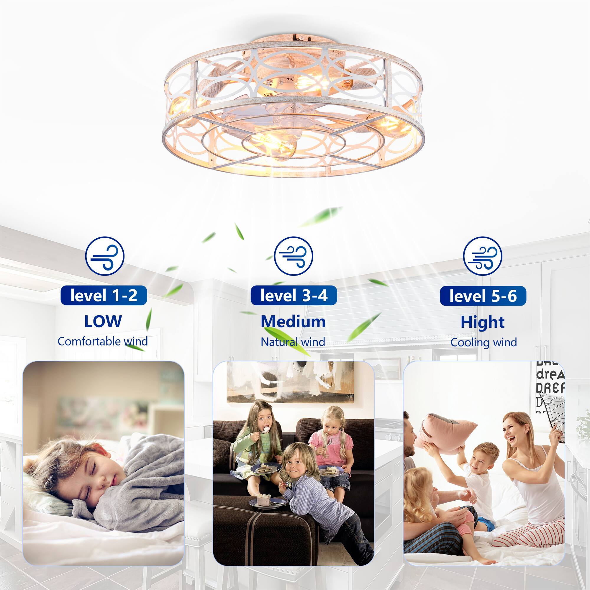 - Level 1-2: LOW Comfortable wind
- Level 3-4: Medium Natural wind
- Level 5-6: High Cooling wind