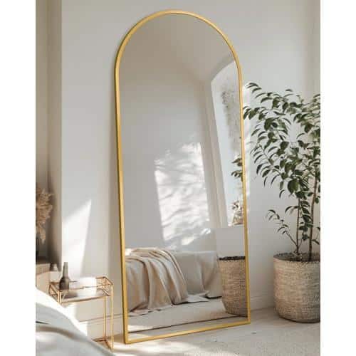 Cedar Assembly - Full Length Mirror With Stand 58"x18" Arched Body Up Aluminum Frame Floor Freestanding Hanging Leaning Mo - Gold-78"L x 38"W