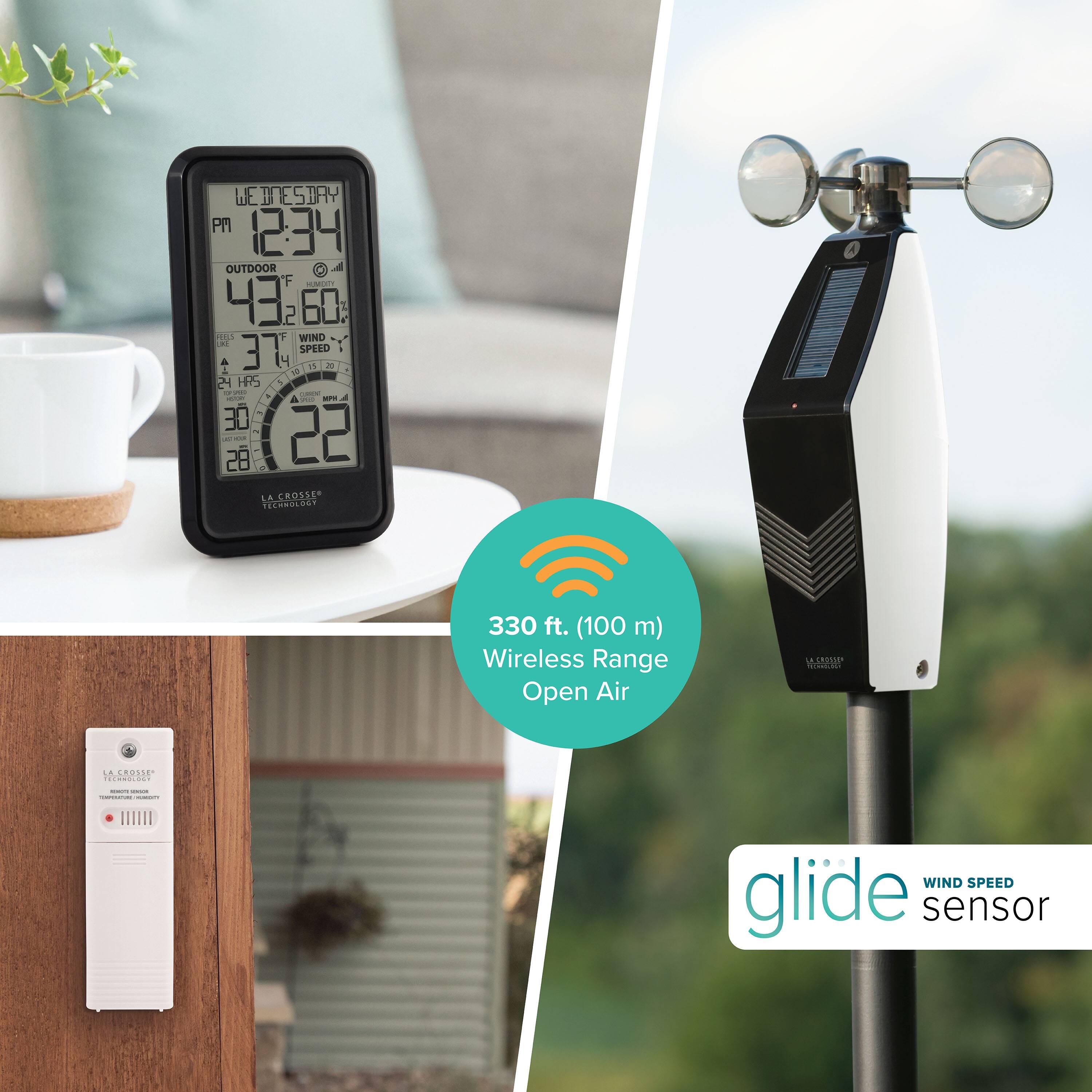 WEDNESDAY PM 12:34  
OUTDOOR  
43°F 60%  
FEELS LIKE 37°F  
WIND SPEED 2 MPH  
24 HRS  
30  
28  

LA CROSSER TECHNOLOGY  

330 ft. (100 m) Wireless Range Open Air  

glide  
WIND SPEED sensor