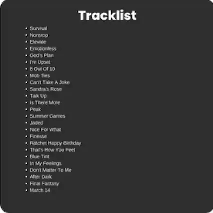 Tracklist
- Survival
- Nonstop
- Elevate
- Emotionless
- God's Plan
- I'm Upset
- 8 Out Of 10
- Mob Ties
- Can't Take A Joke
- Sandra's Rose
- Talk Up
- Is There More
- Peak
- Summer Games
- Jaded
- Nice For What
- Finesse
- Ratchet Happy Birthday
- That's How You Feel
- Blue Tint
- In My Feelings
- Don't Matter To Me
- After Dark
- Final Fantasy
- March 14