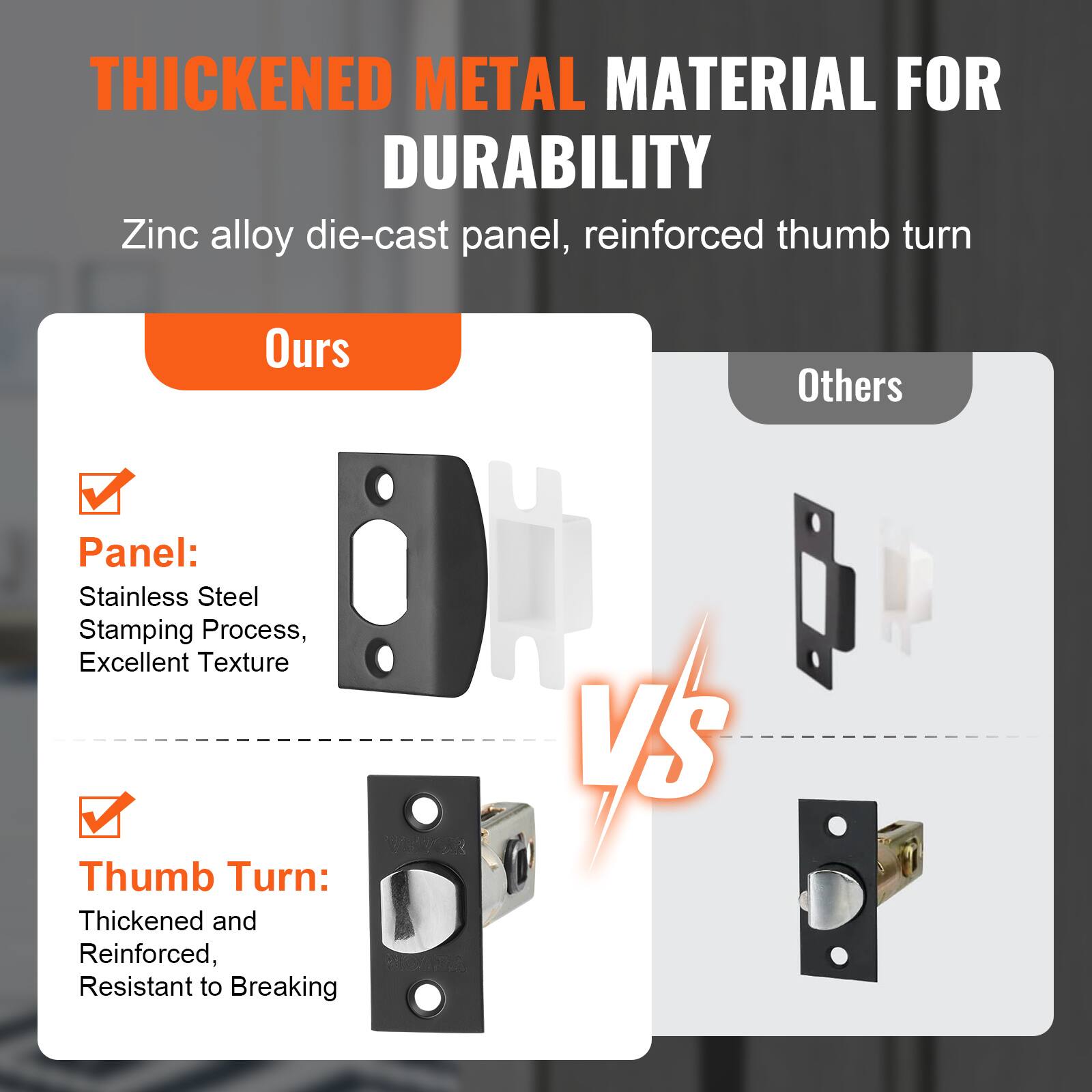 **THICKENED METAL MATERIAL FOR DURABILITY**

Zinc alloy die-cast panel, reinforced thumb turn

---

**Ours**

- **Panel:**
  - Stainless Steel
  - Stamping Process,
  - Excellent Texture

- **Thumb Turn:**
  - Thickened and Reinforced,
  - Resistant to Breaking

---

**Others**

---

**VS**