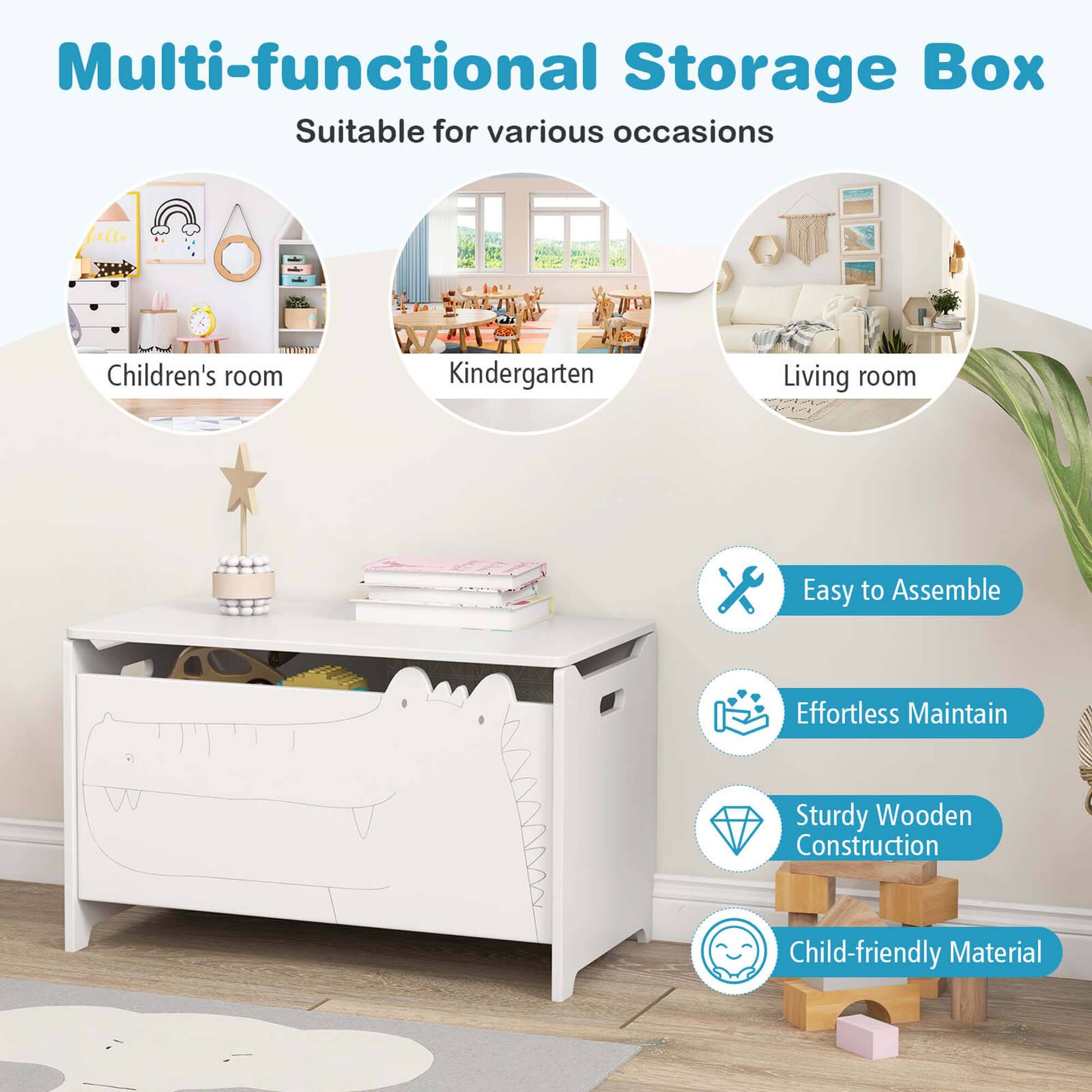 Multi-functional Storage Box  
Suitable for various occasions  

Children's room  
Kindergarten  
Living room  

Easy to Assemble  
Effortless Maintain  
Sturdy Wooden Construction  
Child-friendly Material