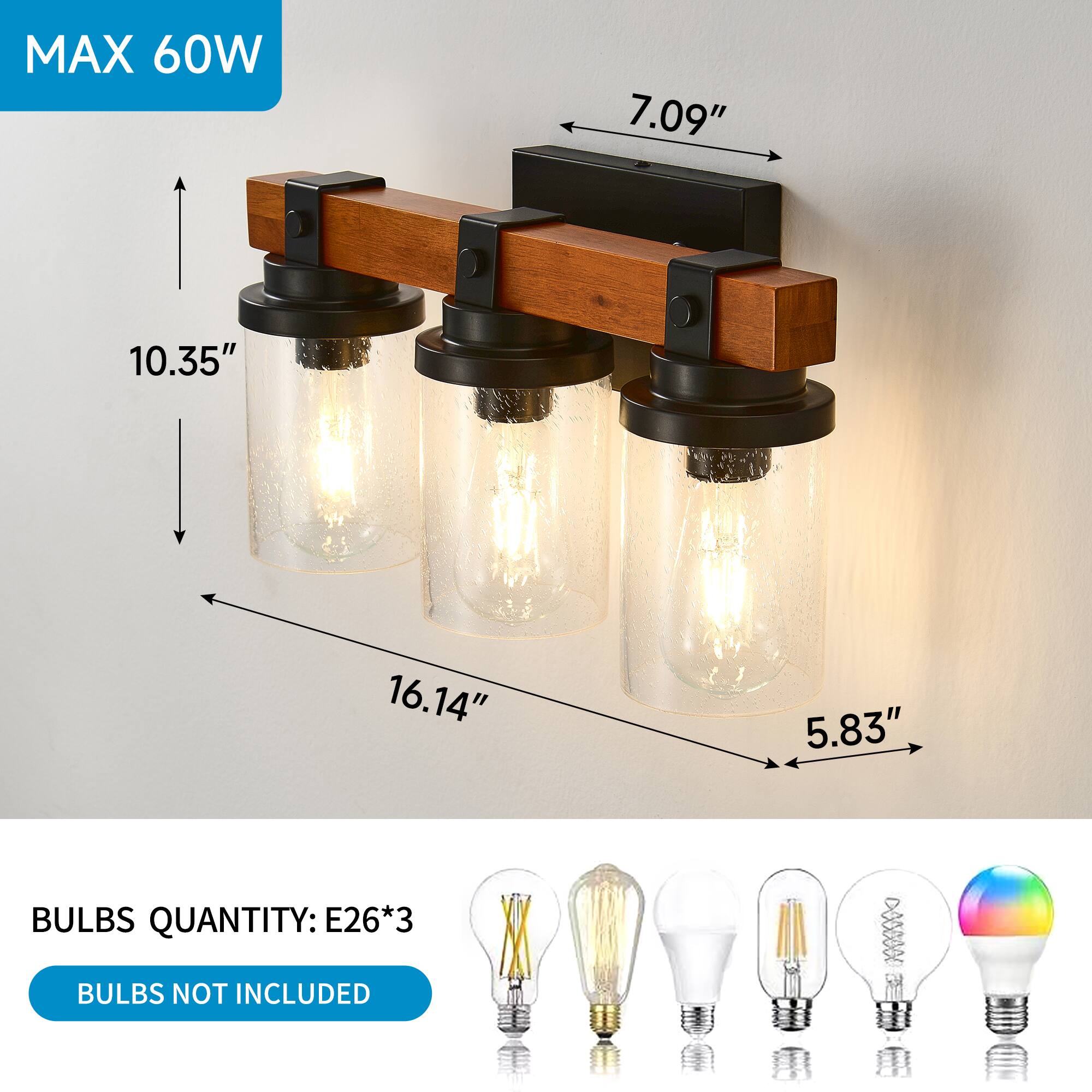 MAX 60W  
7.09"  
10.35"  
16.14"  
5.83"  

BULBS QUANTITY: E26*3  
BULBS NOT INCLUDED