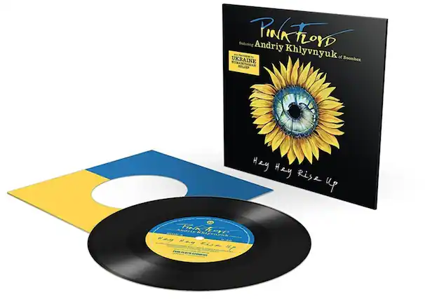 Sure, here is the corrected and grouped text from the image:
**Album Cover:**
- Pink Floyd
- Featuring Andriy Khlyvnyuk of Boombox
- All proceeds go to Ukraine Humanitarian Relief
- Hey Hey Rise Up
**Vinyl Label:**
- Pink Floyd
- Featuring Andriy Khlyvnyuk
- Hey Hey Rise Up
**Additional Text:**
- Hey Hey Rise Up