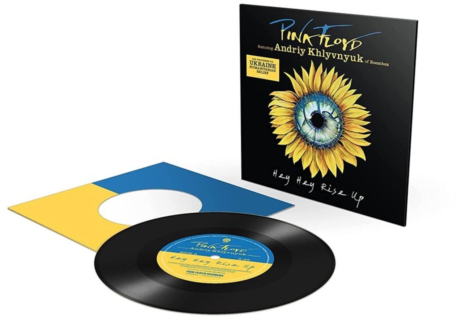 Sure, here is the corrected and grouped text from the image:

**Album Cover:**
- Pink Floyd
- Featuring Andriy Khlyvnyuk of Boombox
- All proceeds go to Ukraine Humanitarian Relief
- Hey Hey Rise Up

**Vinyl Label:**
- Pink Floyd
- Featuring Andriy Khlyvnyuk
- Hey Hey Rise Up

**Additional Text:**
- Hey Hey Rise Up