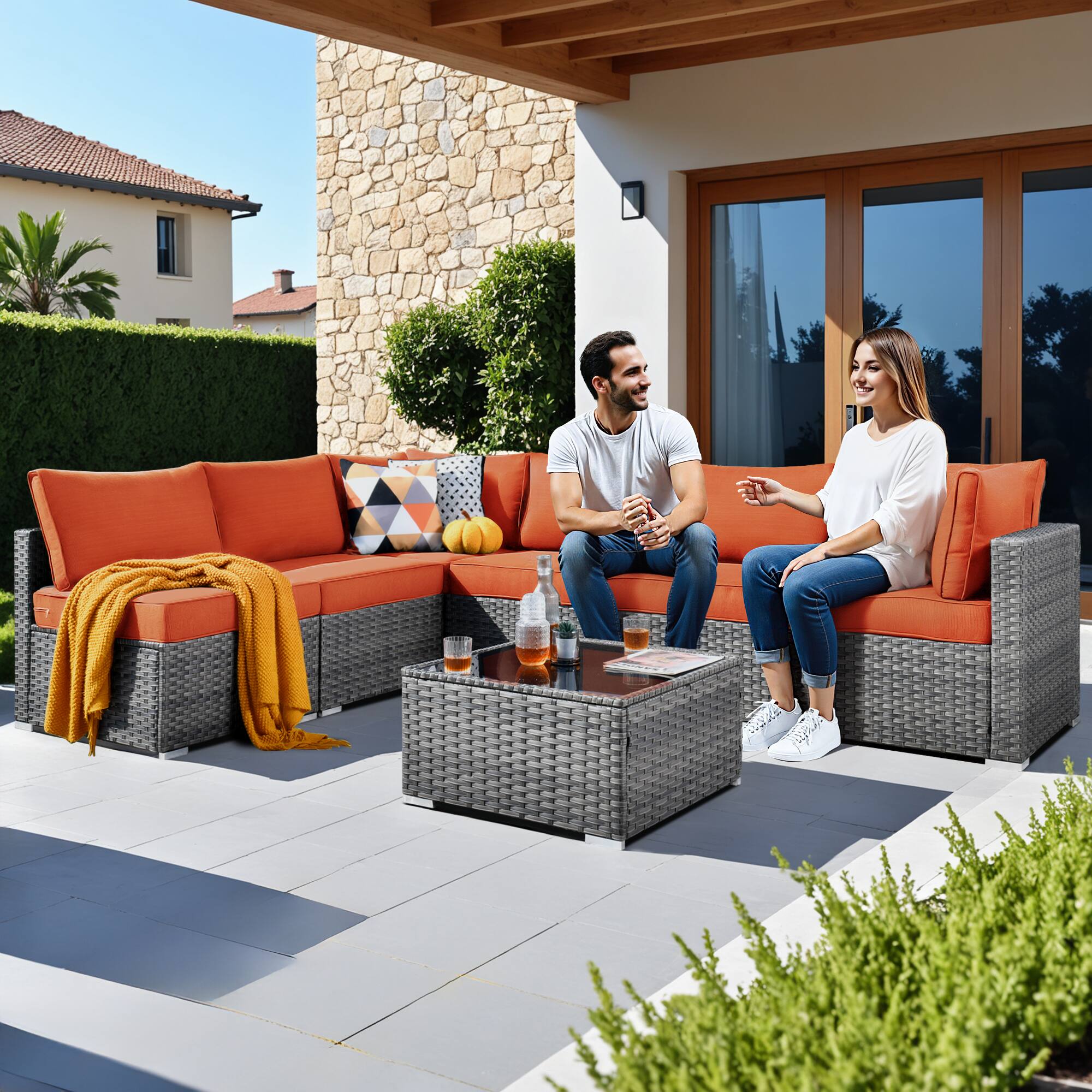 Alt View 2. Ovios - 7 PCS Patio Furniture Outdoor Sofa Sets with Wicker, Cushions and Coffee Table for Garden, Backyard and Balcony - Orange Red.