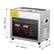 The text on the image can be grouped and corrected as follows:
**Dimensions:**
- 9.45" / 240 mm (height)
- 10.4" / 265 mm (width)
- 6.3" / 165 mm (depth)
**Text on the device:**
- VEVOR DIGITAL ULTRASONIC CLEANER
- NO OK x S238 2 3 8 Ses C 2.388 2 8 ADMONITION!!!
- The unit must be connected to ground.
- Do not disassemble the unit except for the authorized serviceman.
- Do not touch the socket with wet hands to reduce the risk of electrocution.
- Do not use this unit when the tank is not filled with water.
- DIGITAL PRO
- ON/OFF
- TEMP
- TIME+
- TIME-
**Warnings:**
- Do not power the device before the tank is filled with water.
- Do not keep the tank empty after powering the device.
- Please power off the device after use.
- Temperature of the tank water should not exceed 50°C.