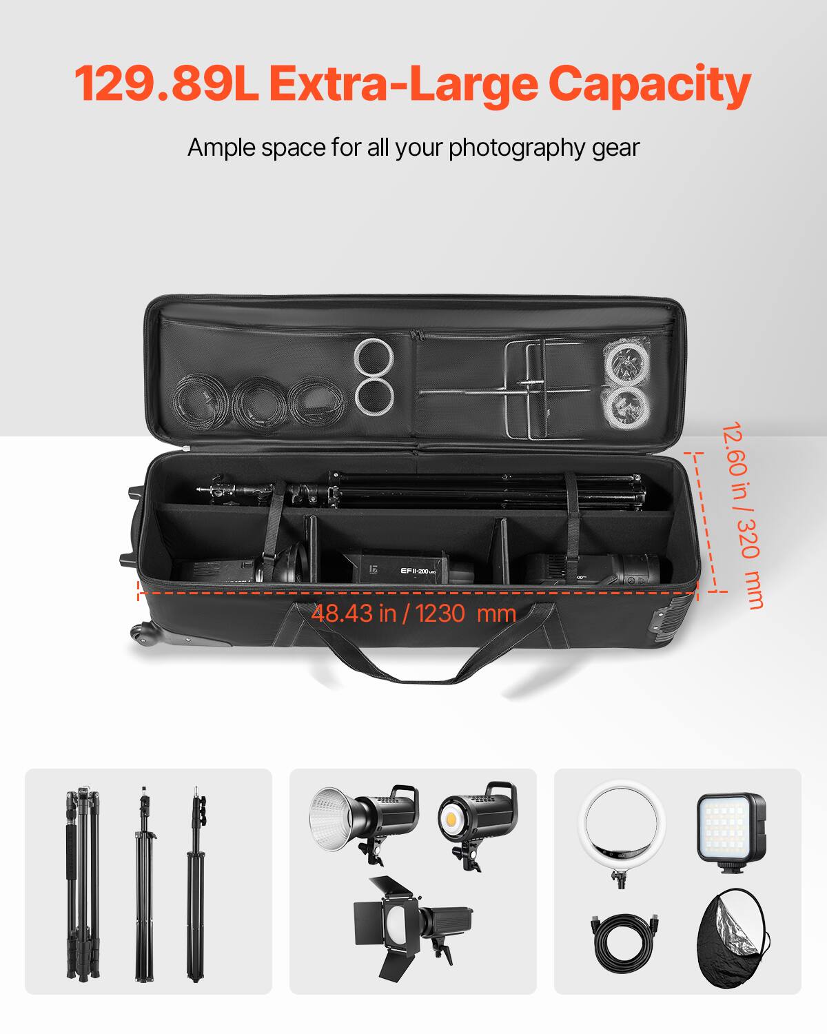 129.89L Extra-Large Capacity  
Ample space for all your photography gear  

48.43 in / 1230 mm  
12.60 in / 320 mm