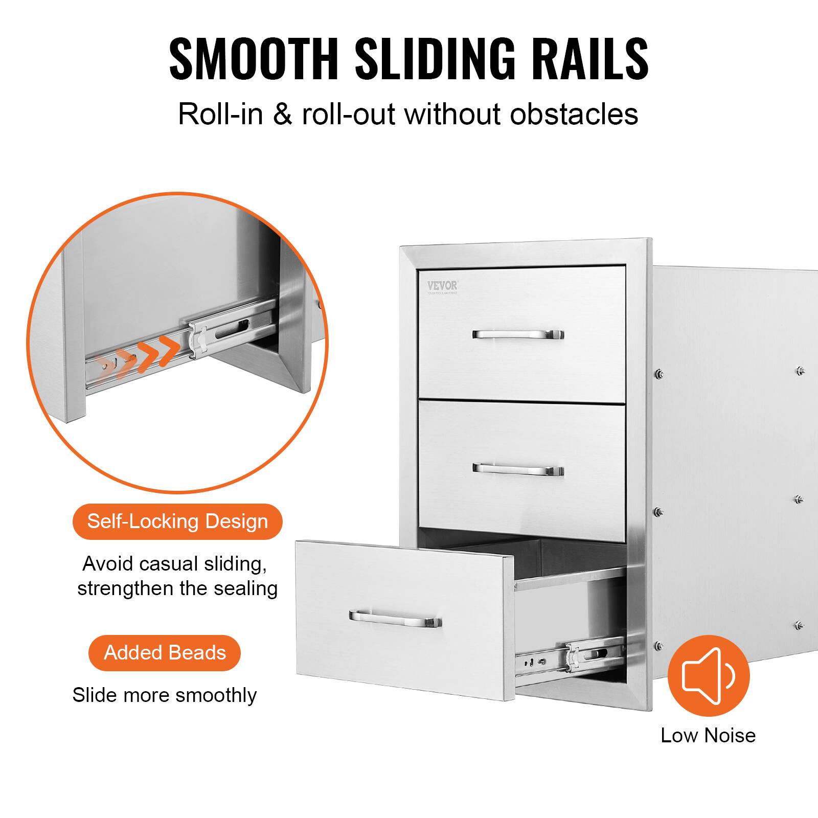 SMOOTH SLIDING RAILS  
Roll-in & roll-out without obstacles  

Self-Locking Design  
Avoid casual sliding, strengthen the sealing  

Added Beads  
Slide more smoothly  

Low Noise