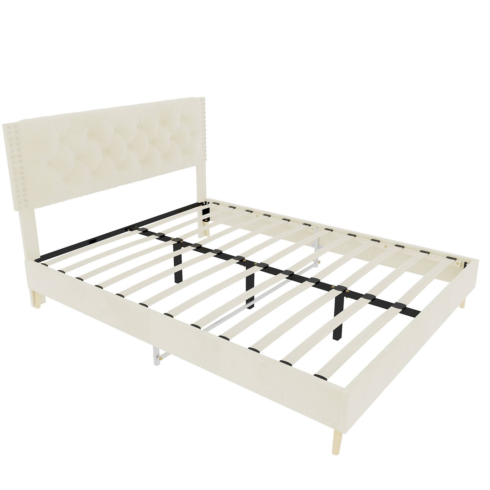 Back. Loheer - Loheer Luxury Beige Velvet Upholstered Queen Bed Frame Sturdy Platform Base - Beige.