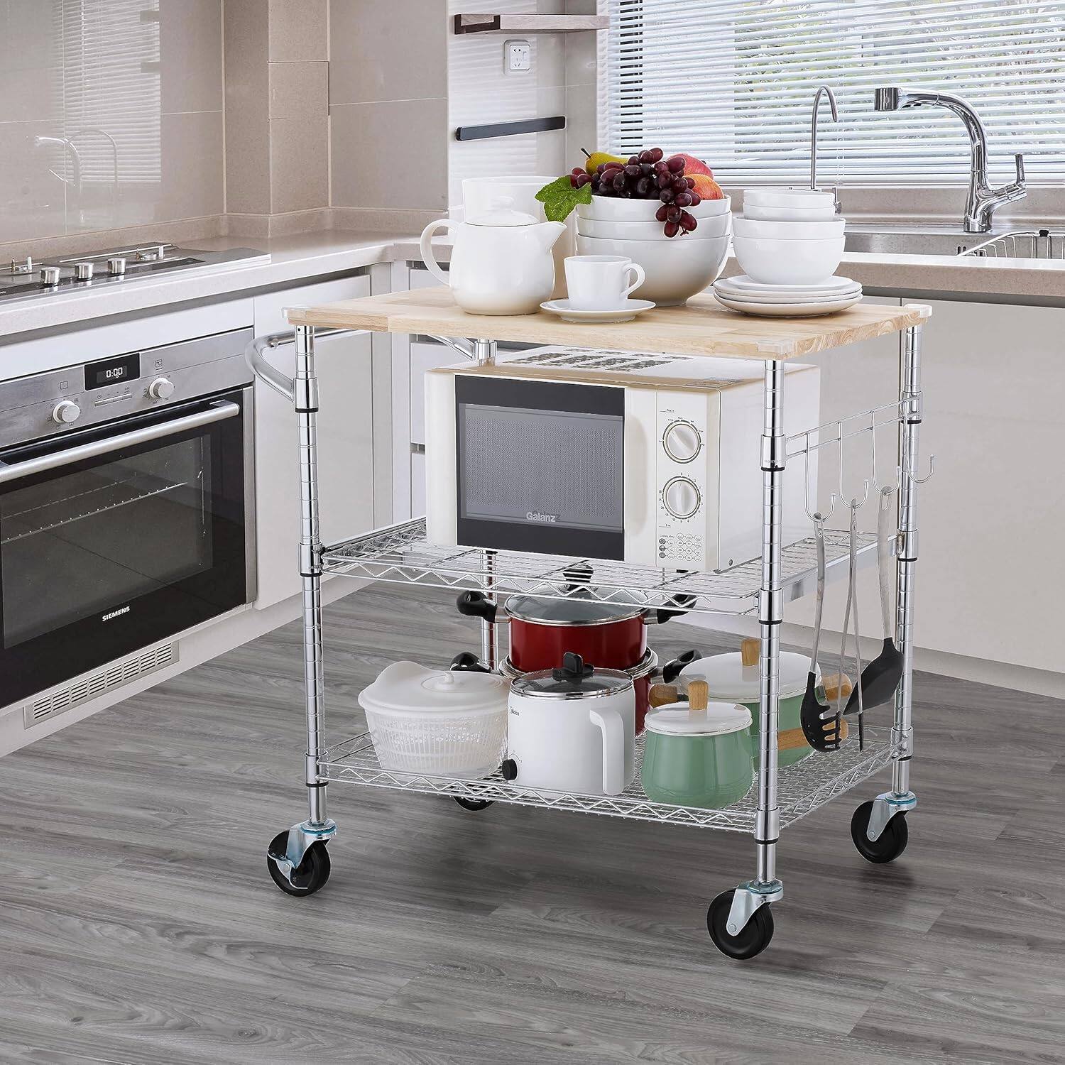 Alt View 3. Finnhomy - Finnhomy 3-Tier Rolling Kitchen Cart – 18" D x 30" W Oak Wood Top with Slider Shelf & Wheels, Chrome - Chrome.
