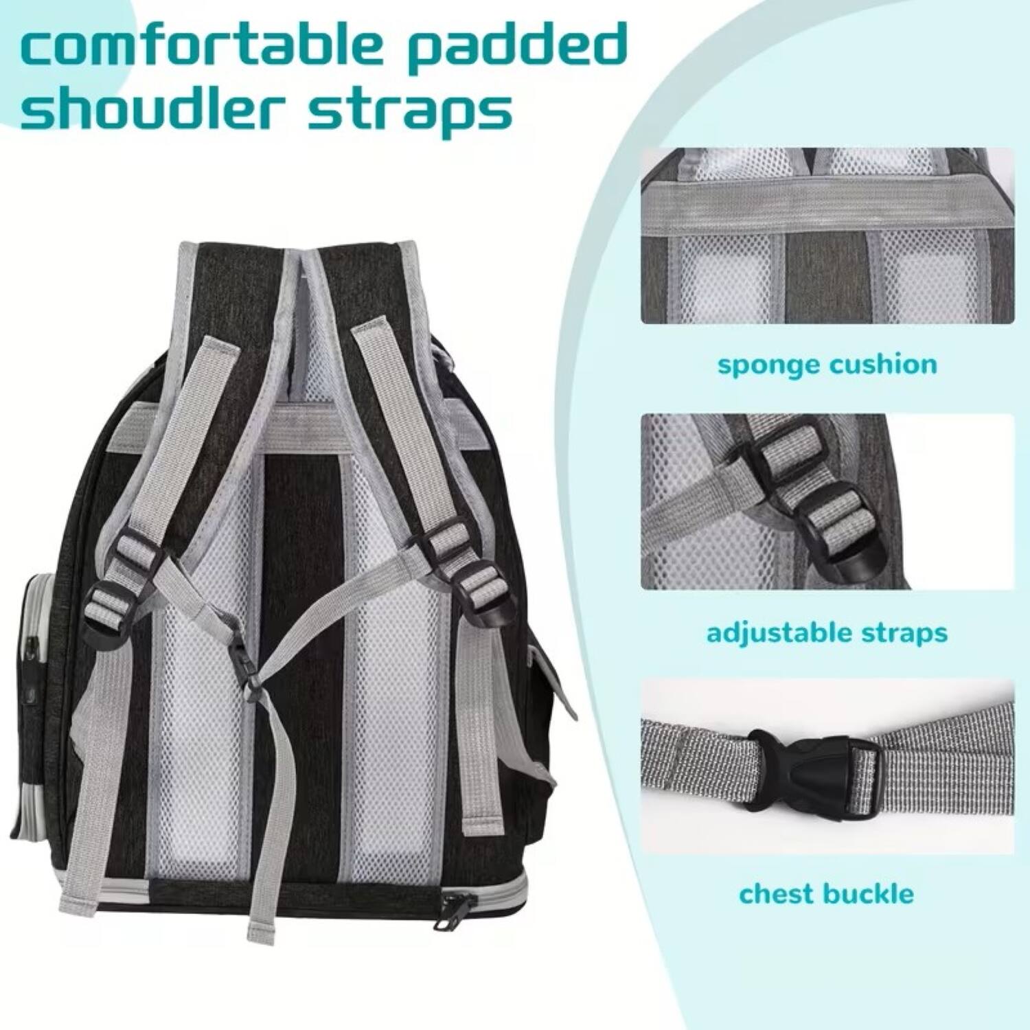comfortable padded shoulder straps  
sponge cushion  
adjustable straps  
chest buckle