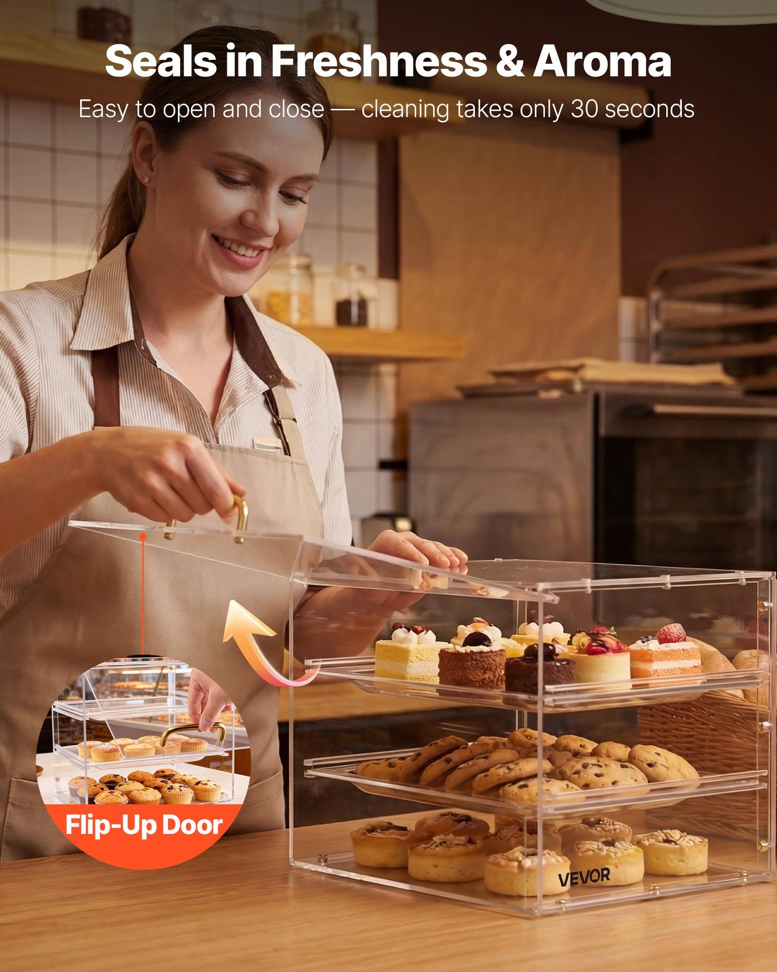 Seals in Freshness & Aroma  
Easy to open and close — cleaning takes only 30 seconds  

Flip-Up Door  

VEVOR