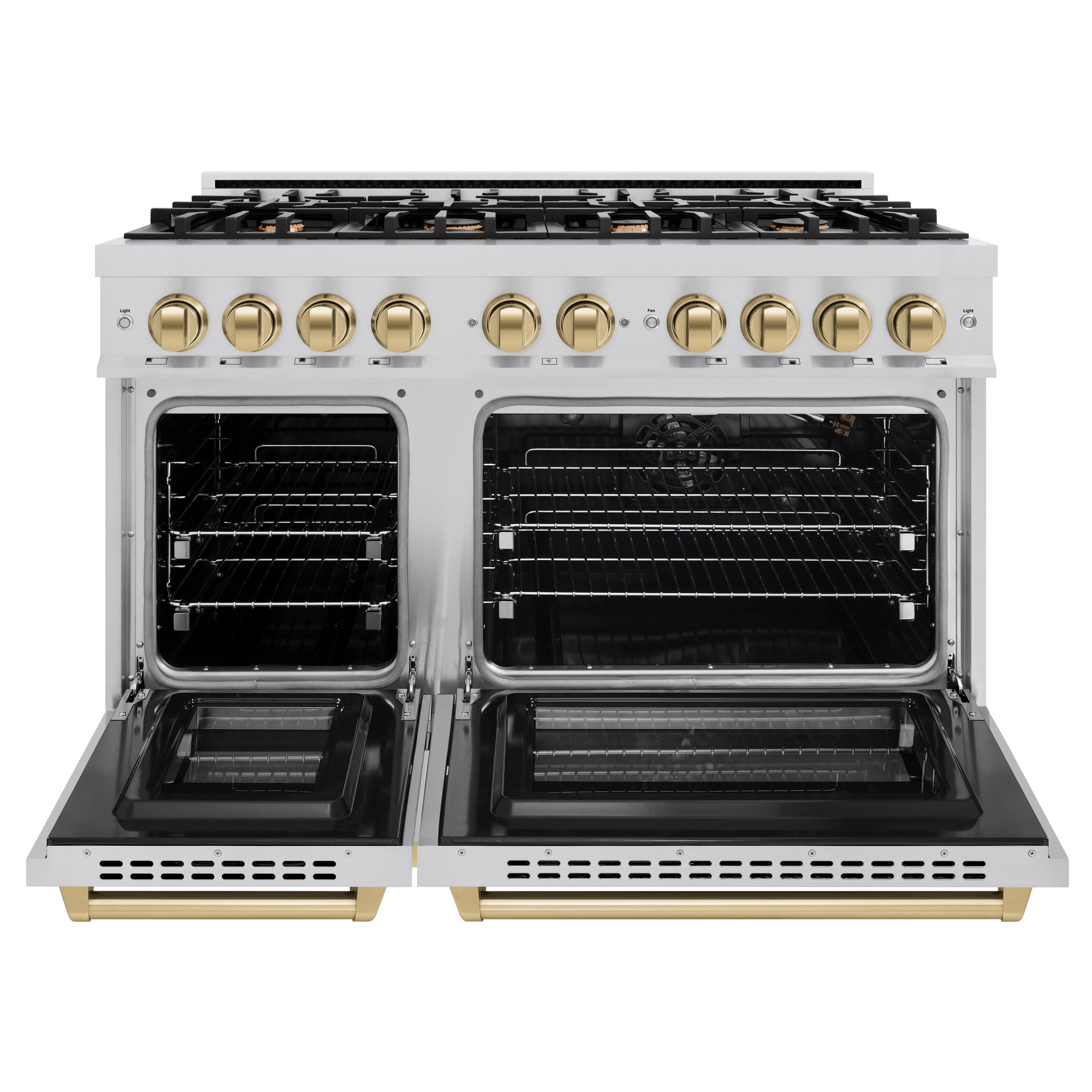 Left. ZLINE - ZLINE Autograph 48 in. 6.7 cu. ft. Freestanding Select Gas Range w/ 8 Burners & Champagne Bronze Accents (HGRZ-48-CB) - Stainless Steel.