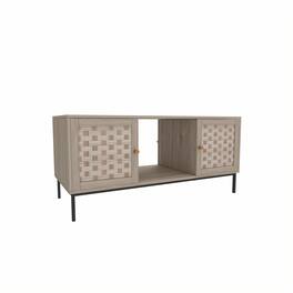 Ecooso - Weaving Design Coffee Table,4 Sliding Door, Wooden Center Rectangular Table with Symmetrical Design Storage Cabinet - Natural Wood