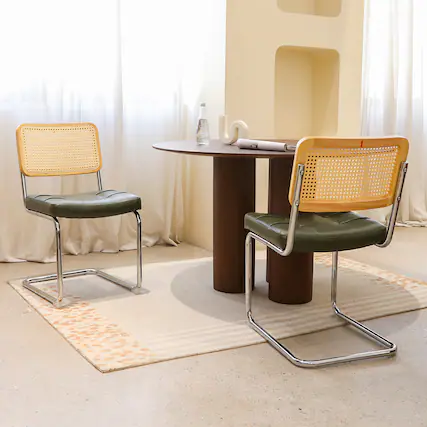 Front. TinyHomie - Dining Chairs Set of 2 Fauex Leather Rattan Side Accent Chairs with Chrome Legs Modern MidCentury Breuer Designed Chairs - Dark Green.