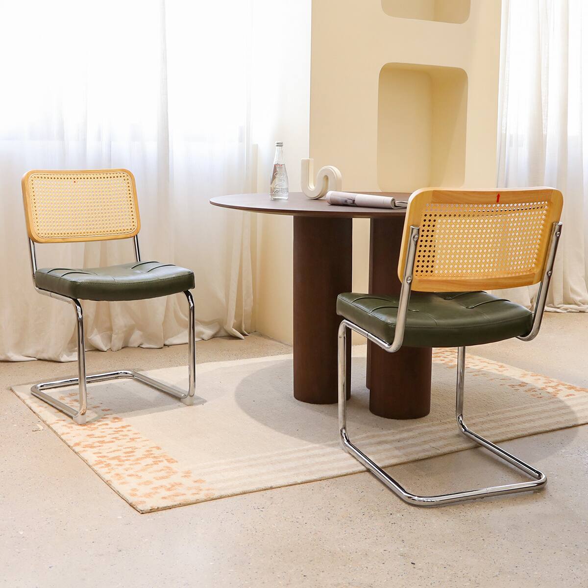 Front. TinyHomie - Dining Chairs Set of 2 Fauex Leather Rattan Side Accent Chairs with Chrome Legs Modern MidCentury Breuer Designed Chairs - Dark Green.